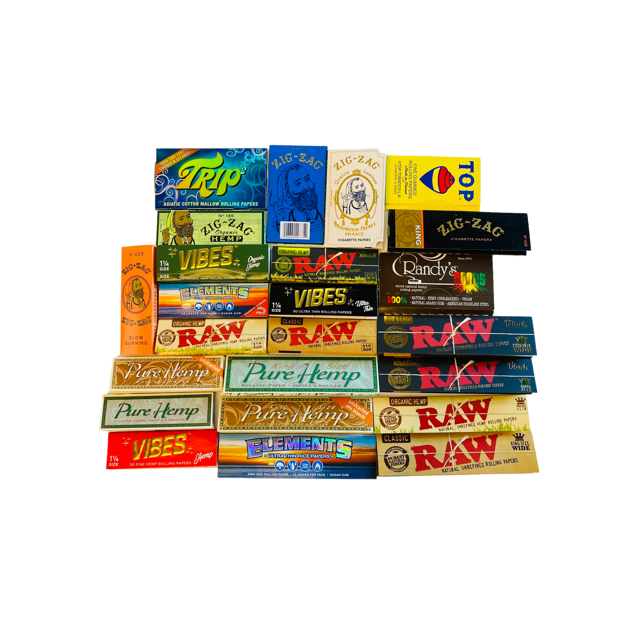 smoking rolling papers like raw, elements, zig zag, vibes, club modiano, top.