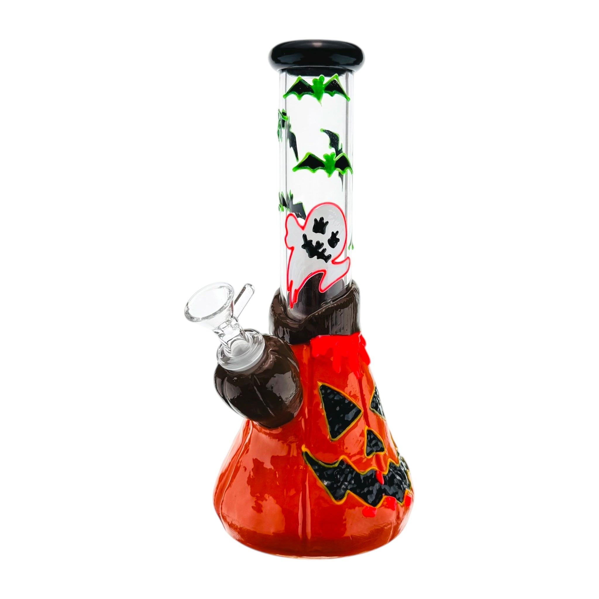Glass smoking water pipe with Halloween-themed design on a white background