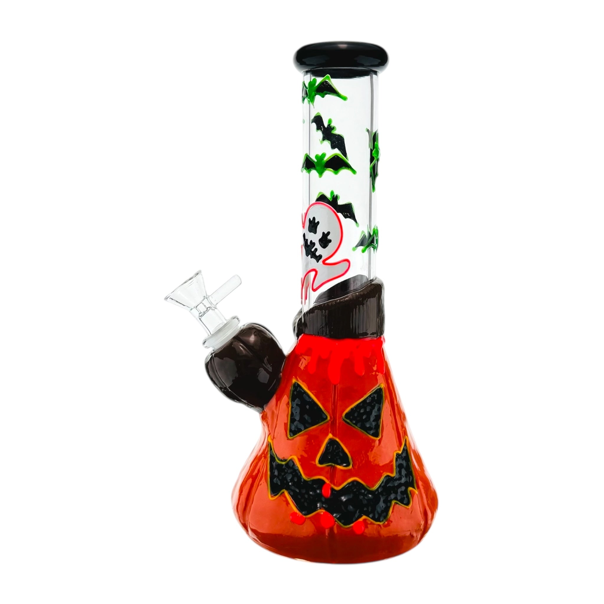 Halloween-themed glass water pipe with orange base, black bats, and skull design on a white background.