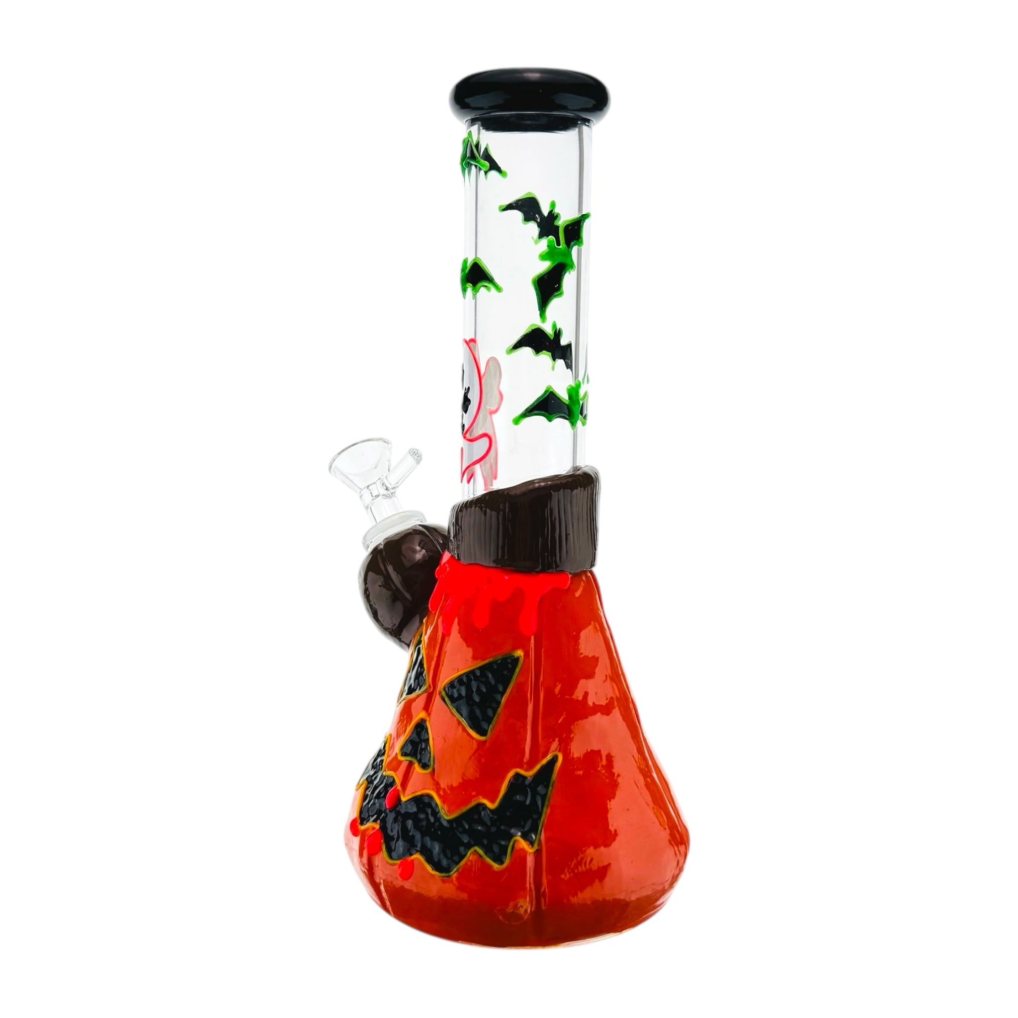 Halloween-themed glass water pipe with orange base and black accents on a white background
