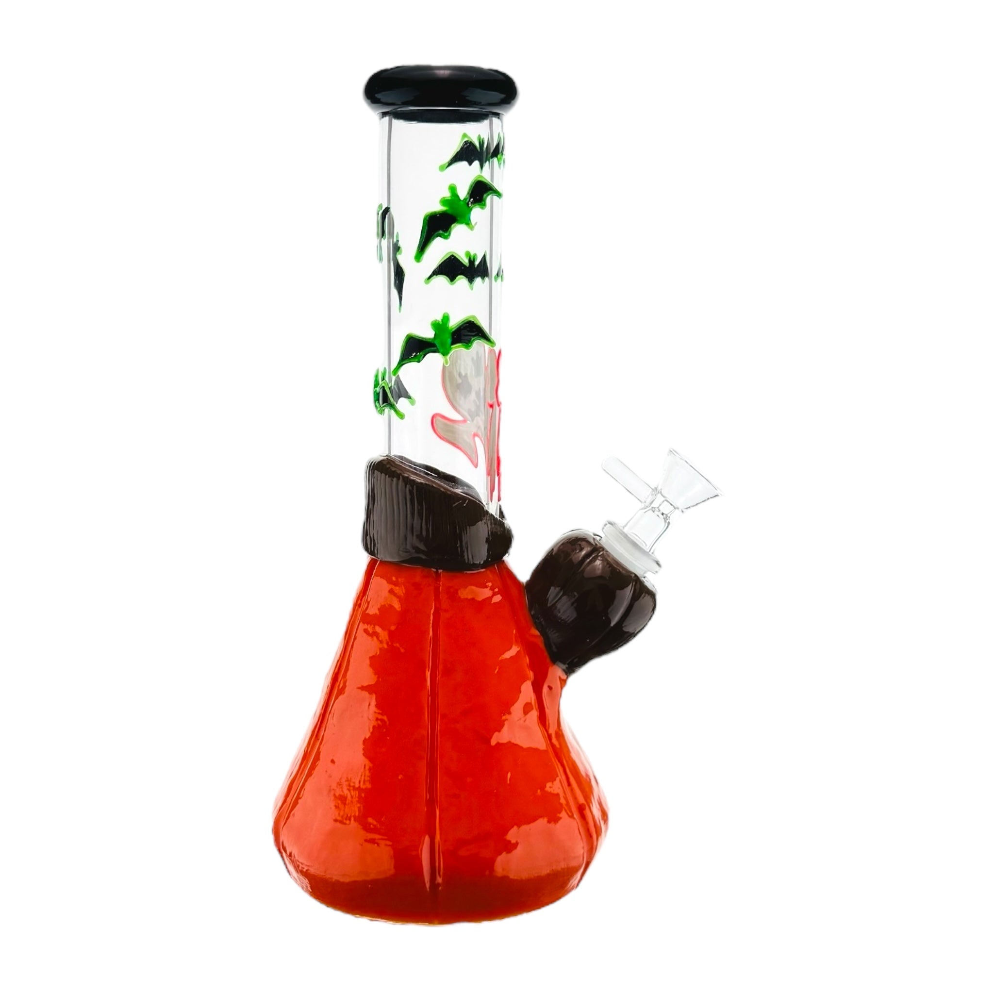 Glass smoking device with Halloween-themed decorations on a white background