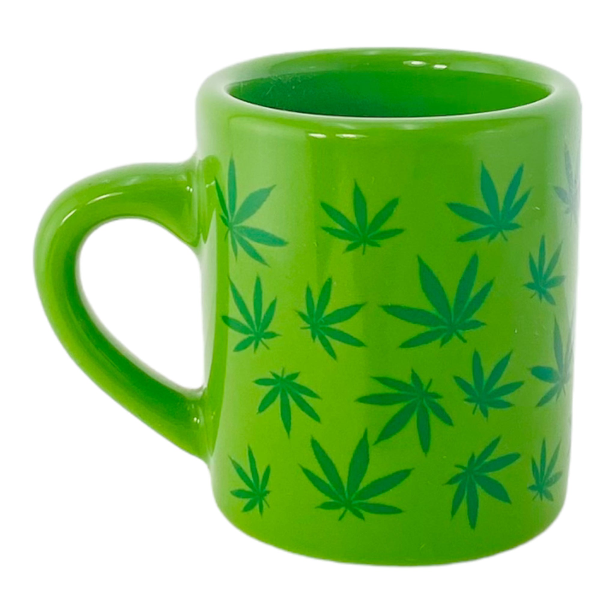 Mini Green Coffee Cup Q-Tip Holder With Weed Leaves