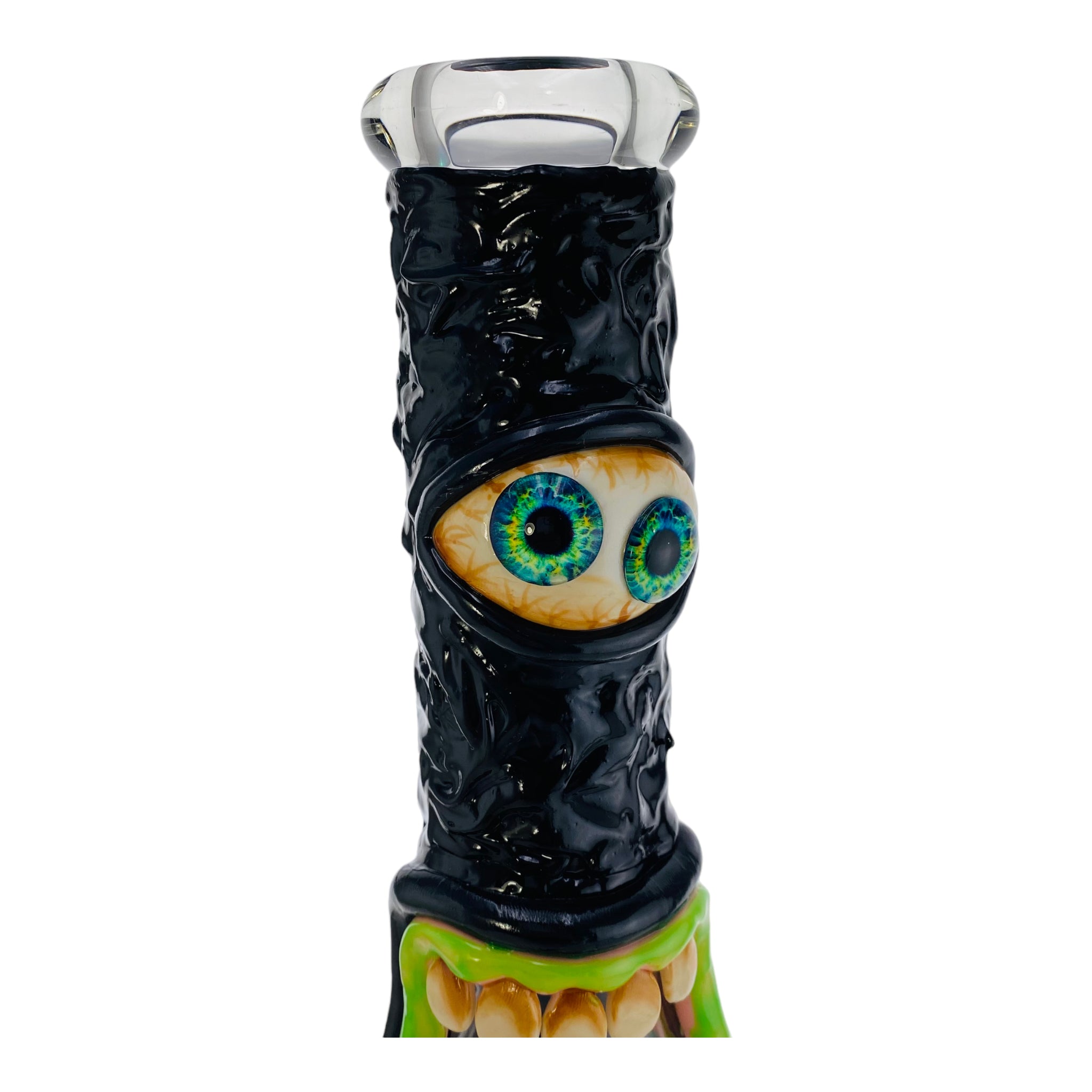 12 Inch Black Monster Face Beaker Bong with bake on polymer clay screaming scary monster bong