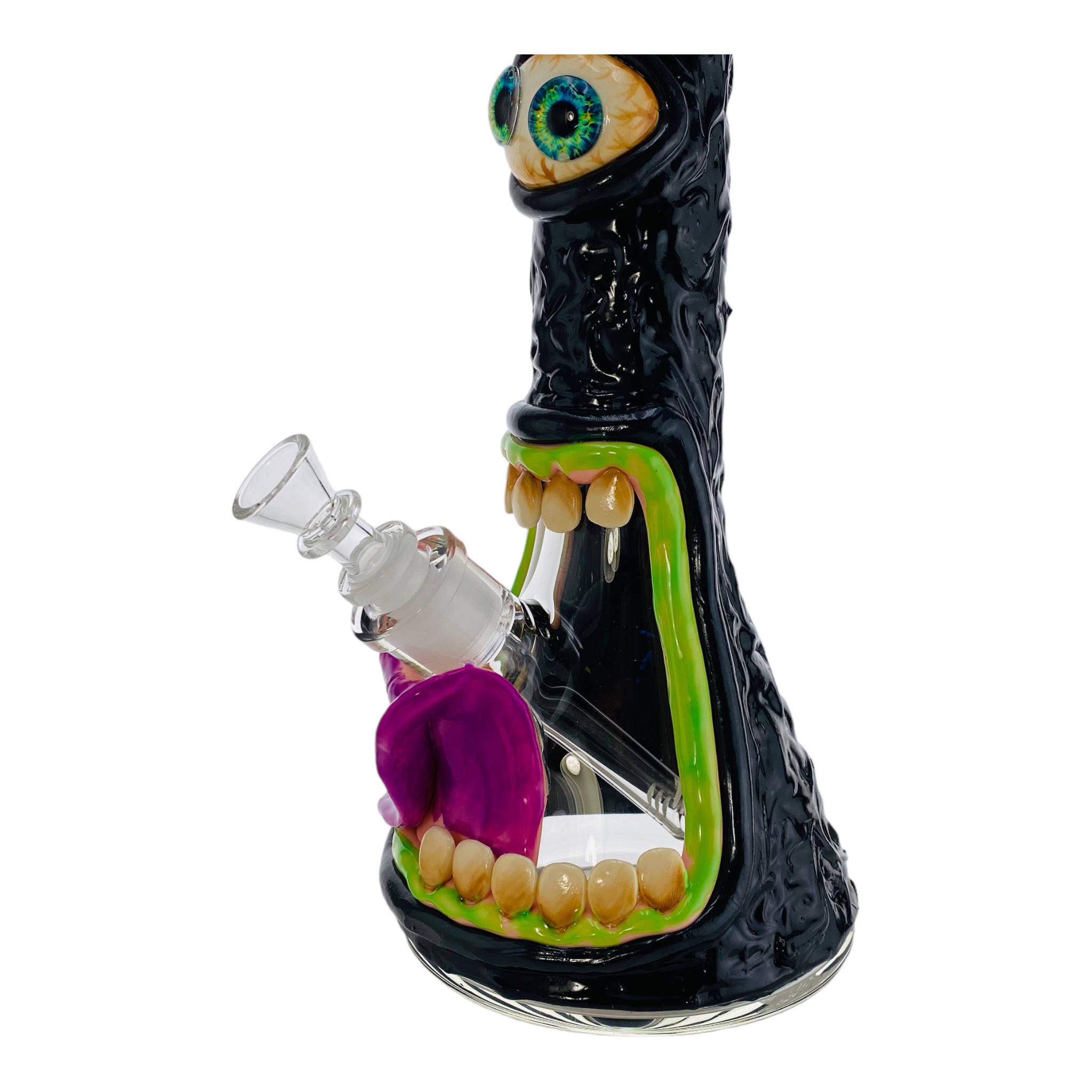 12 Inch Black Monster Face Beaker Bong with bake on polymer clay screaming scary monster bong