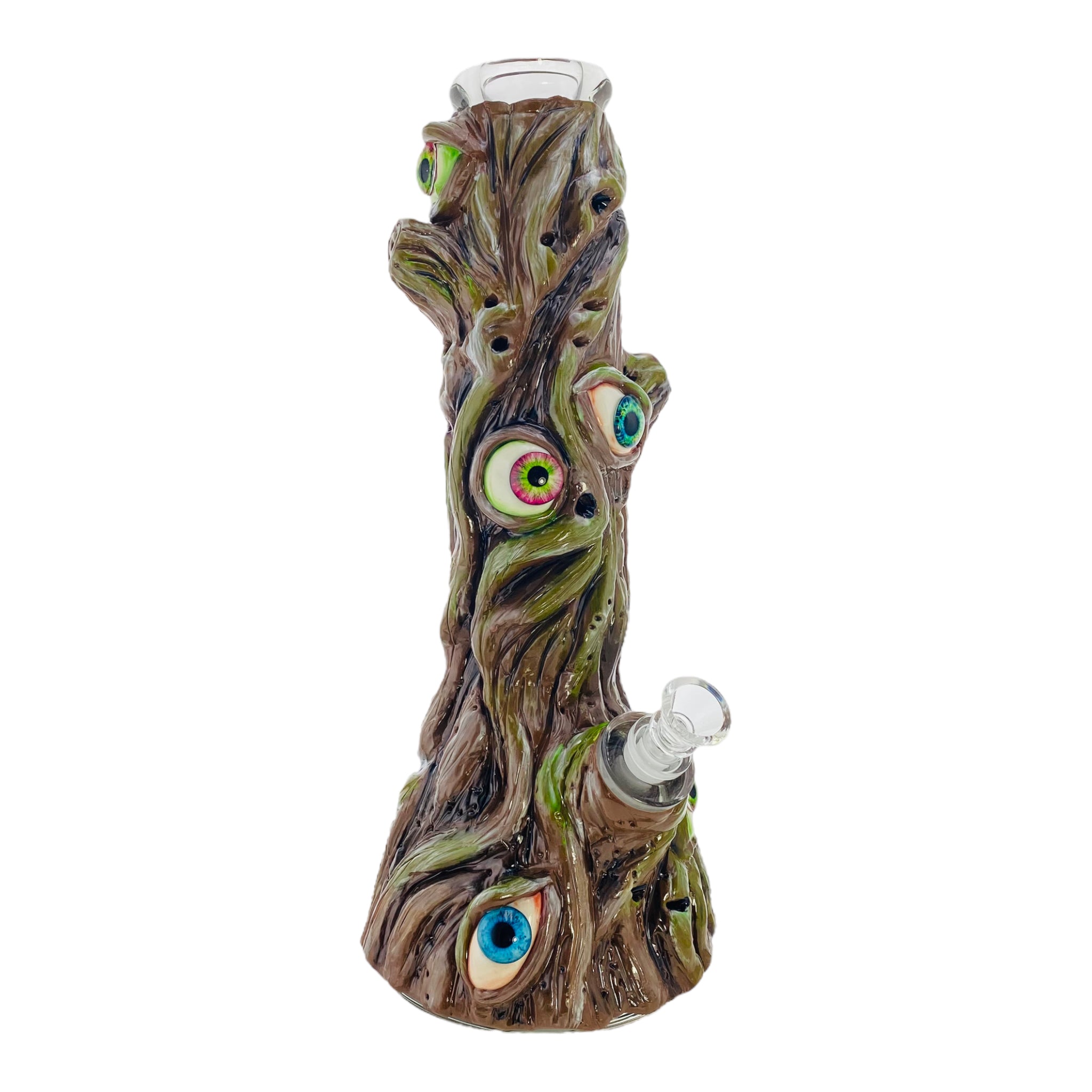 This All Seeing Tree Glass Beaker Bong is a unique anime bong. Crafted from extra thick glass and baked with clay,