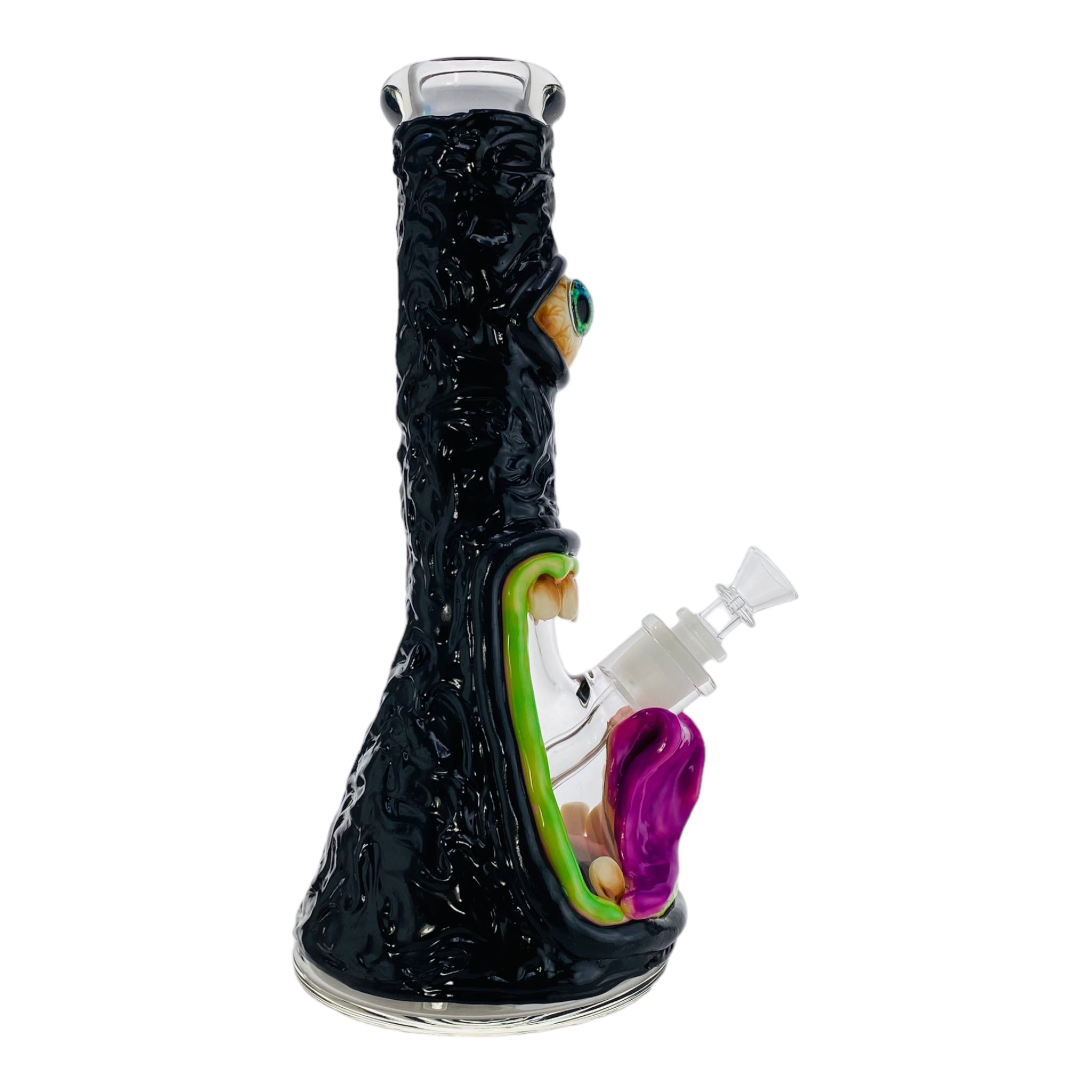 12 Inch Black Monster Face Beaker Bong with bake on polymer clay screaming scary monster bong