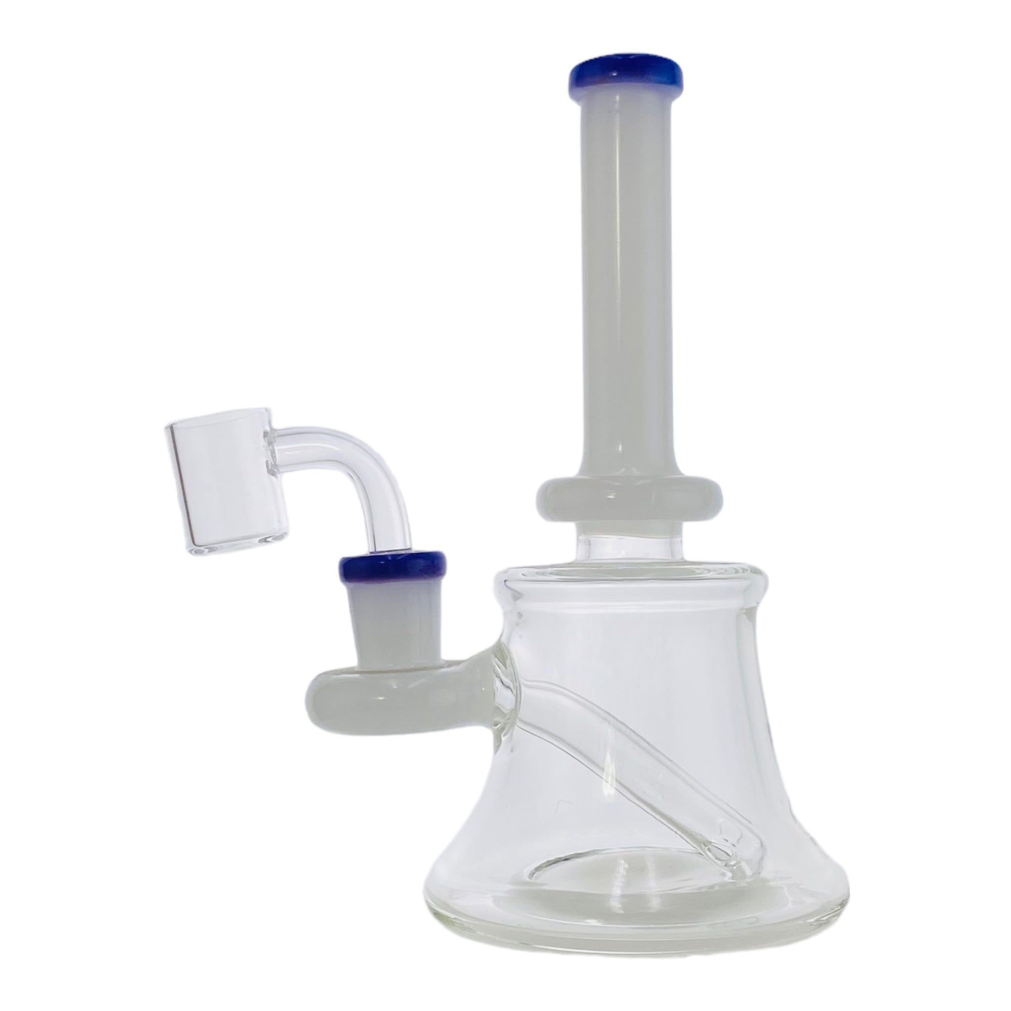 This mini tube dab rig features a white neck and fitting with a stunning purple trim. It stands 7" tall and includes a 14mm banger hanger fitting and 14mm quartz banger, making it ideal for both wax and oil concentrates