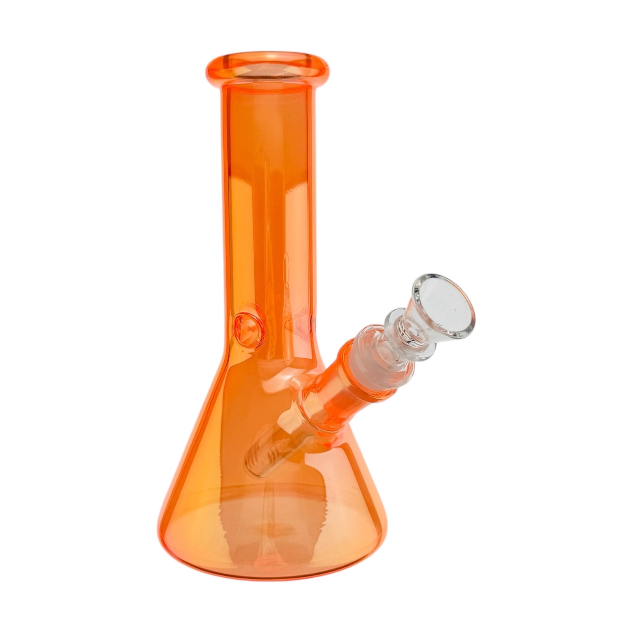 Orange glass beaker with a clear neck on a white background
