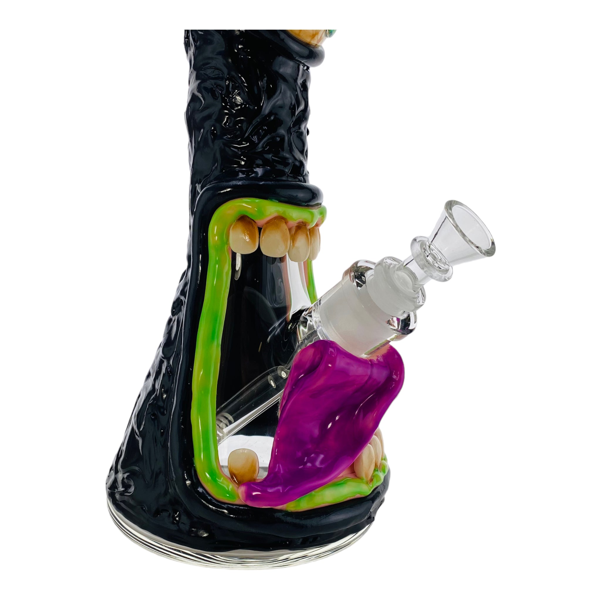12 Inch Black Monster Face Beaker Bong with bake on polymer clay screaming scary monster bong