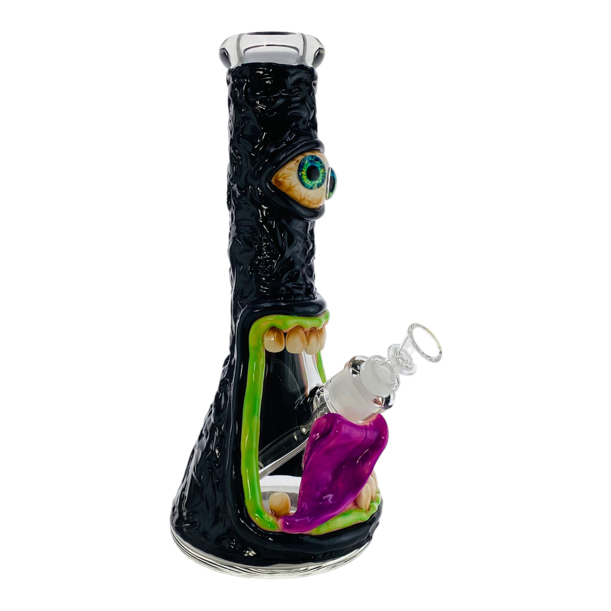 12 Inch Black Monster Face Beaker Bong with bake on polymer clay screaming scary monster bong