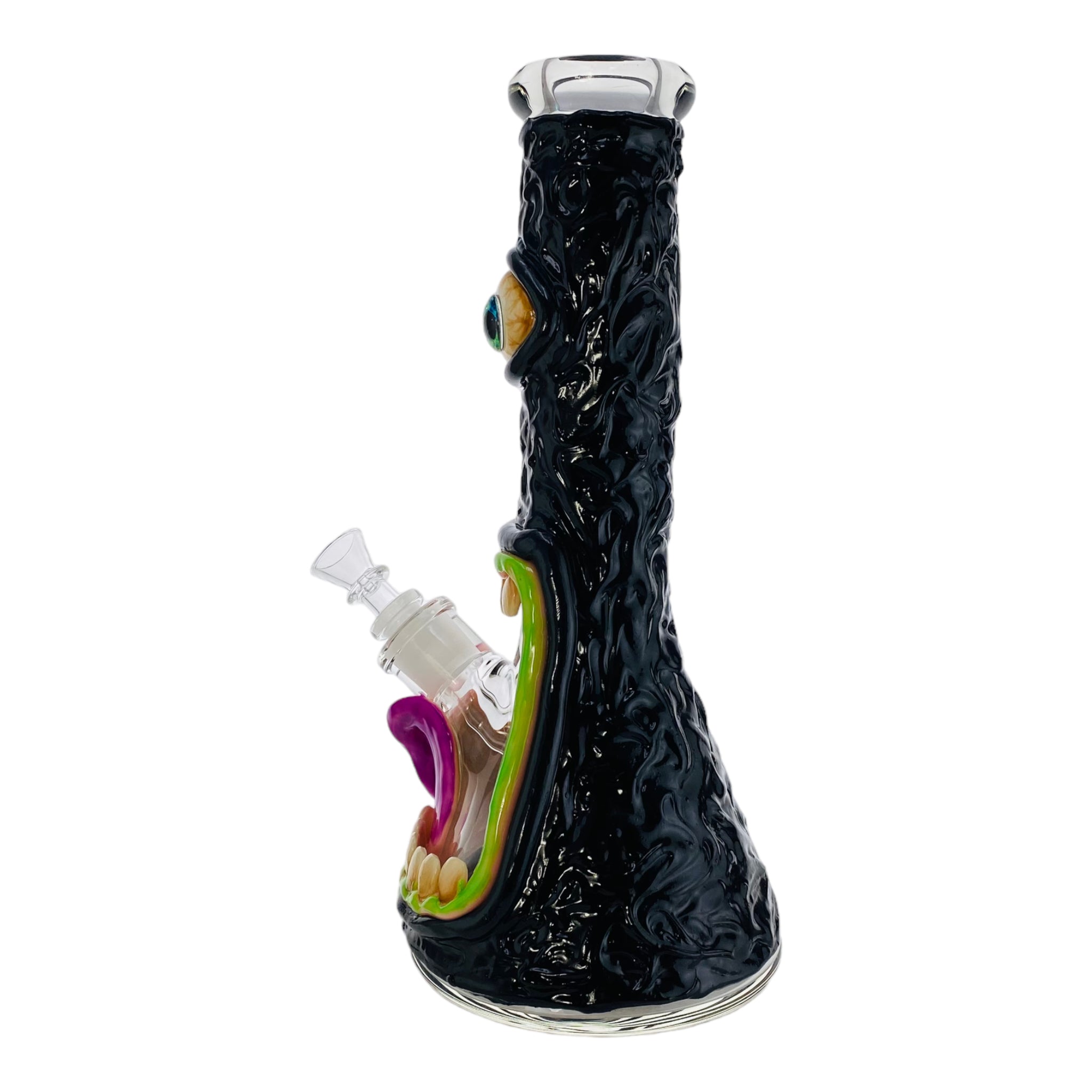 12 Inch Black Monster Face Beaker Bong with bake on polymer clay screaming scary monster bong