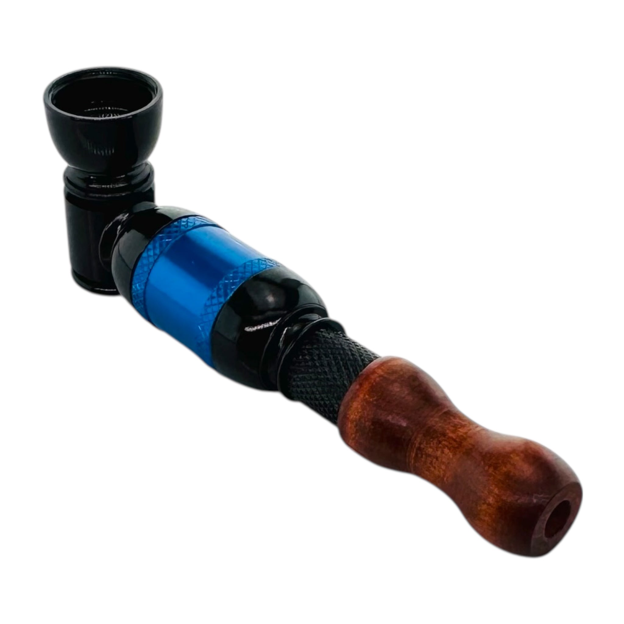 Black And Blue Large Chamber Hand Pipe With Wood Mouthpiece