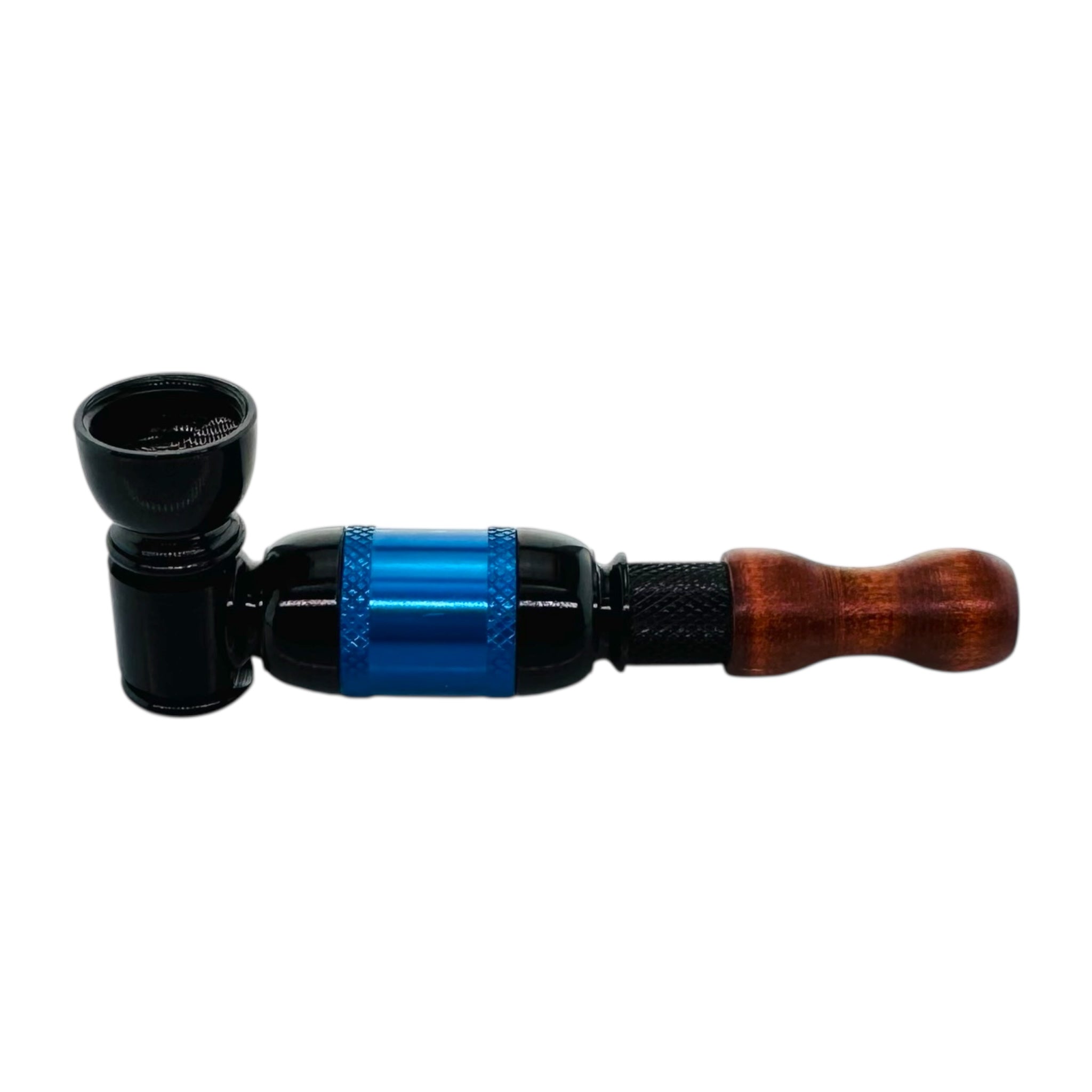 Black And Blue Large Chamber Hand Pipe With Wood Mouthpiece