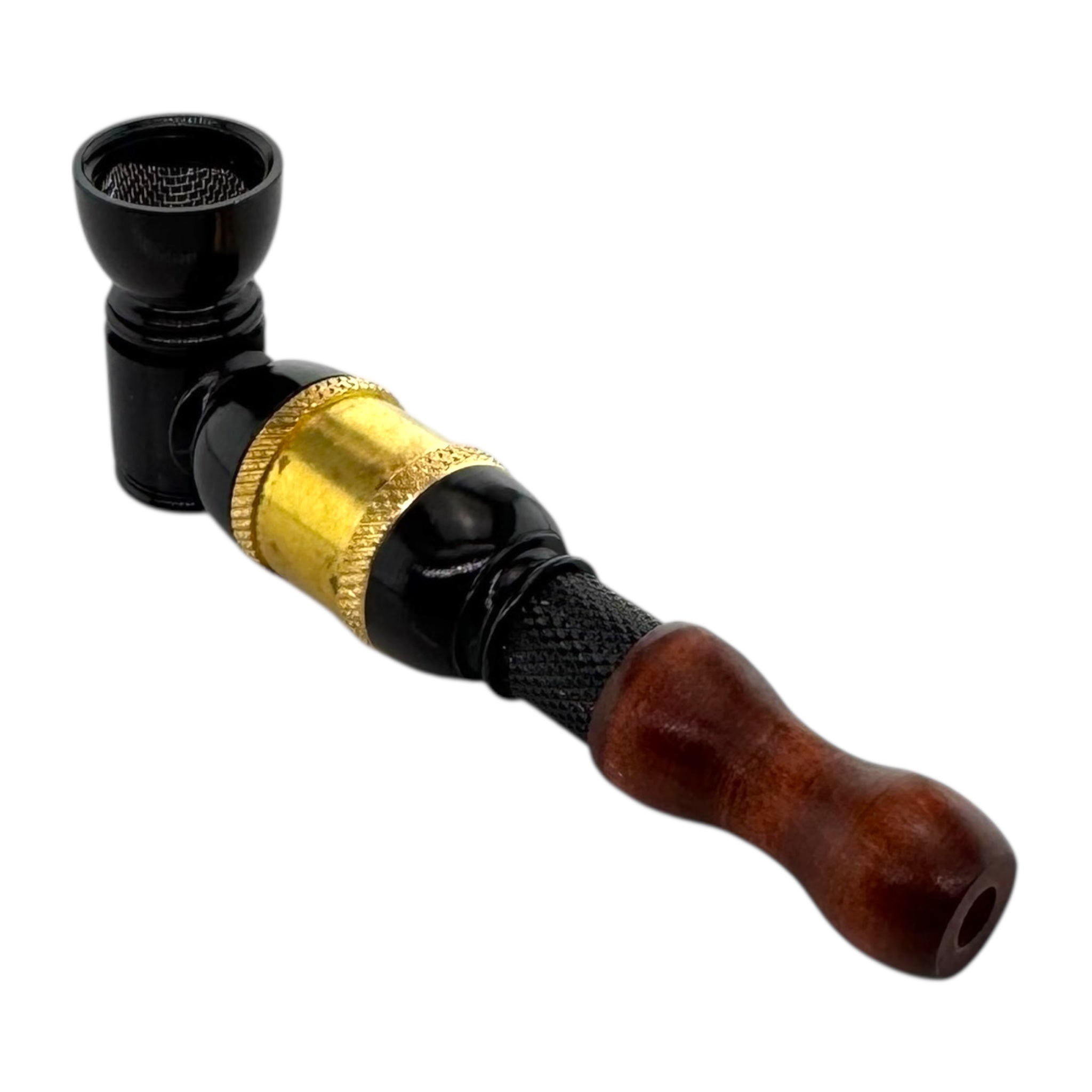 Decorative smoking pipe with black, gold, and wooden components on a white background