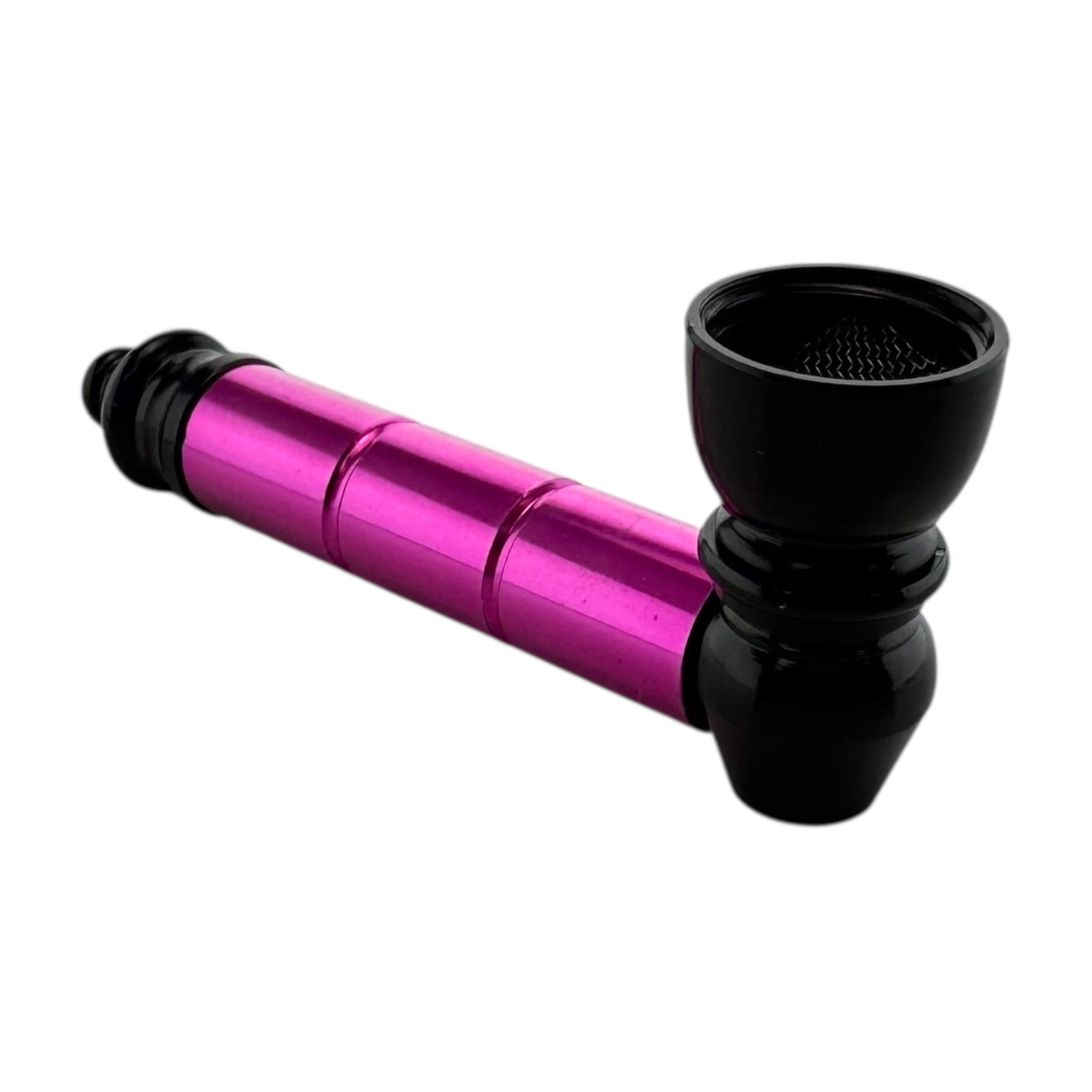 Pink and black metal smoking pipe on a white background