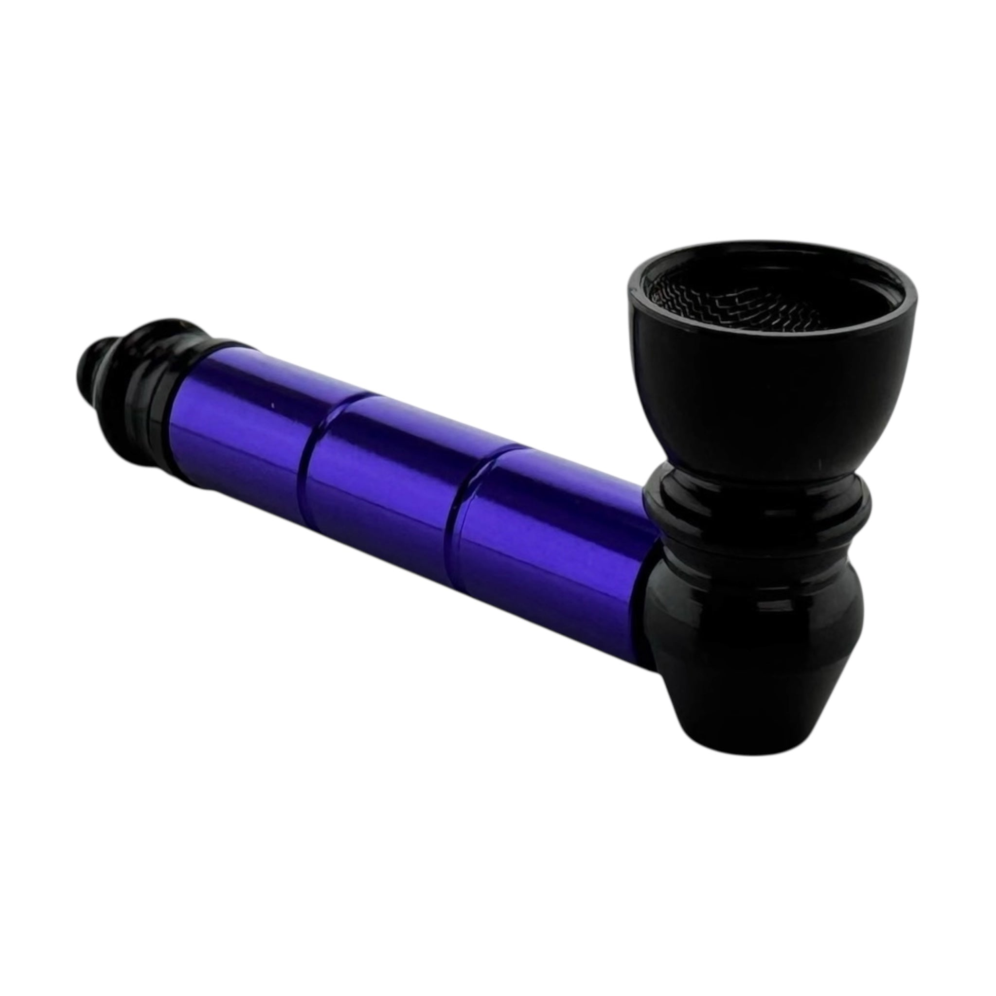 Black and purple metal smoking pipe for weed on a white background