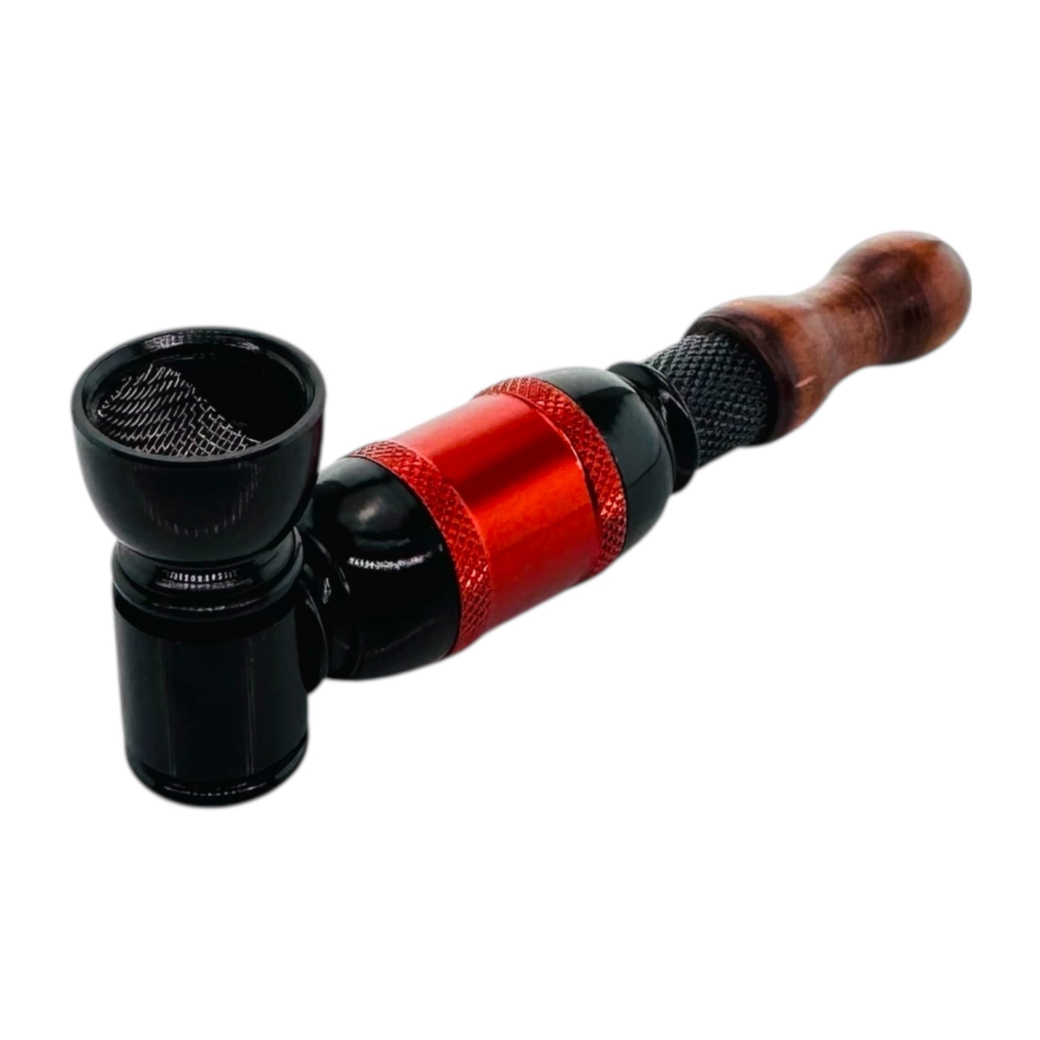 Black And Red Large Chamber Hand Pipe With Wood Mouthpiece on a white background