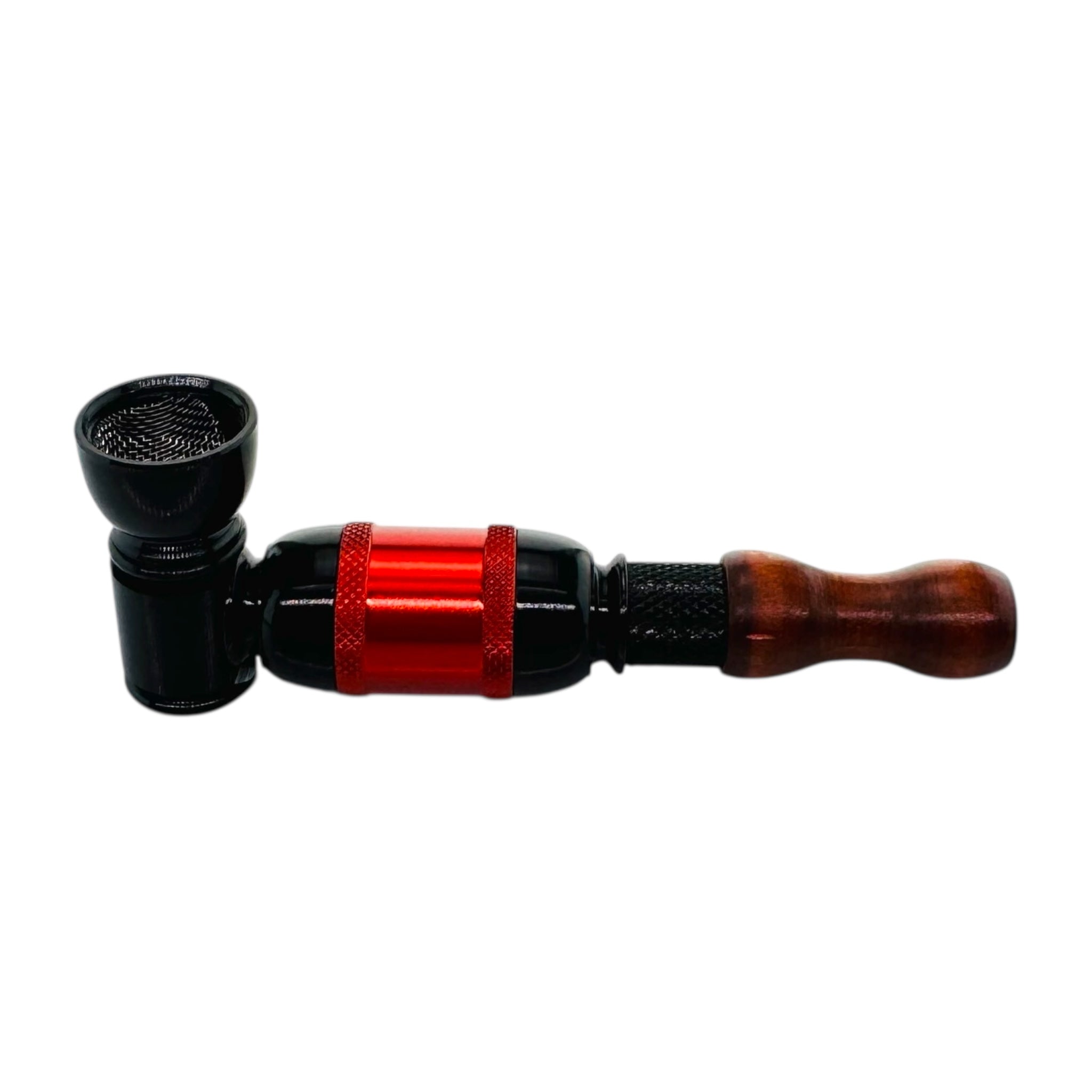Multicolored smoking pipe with black, red, and brown components on a white background
