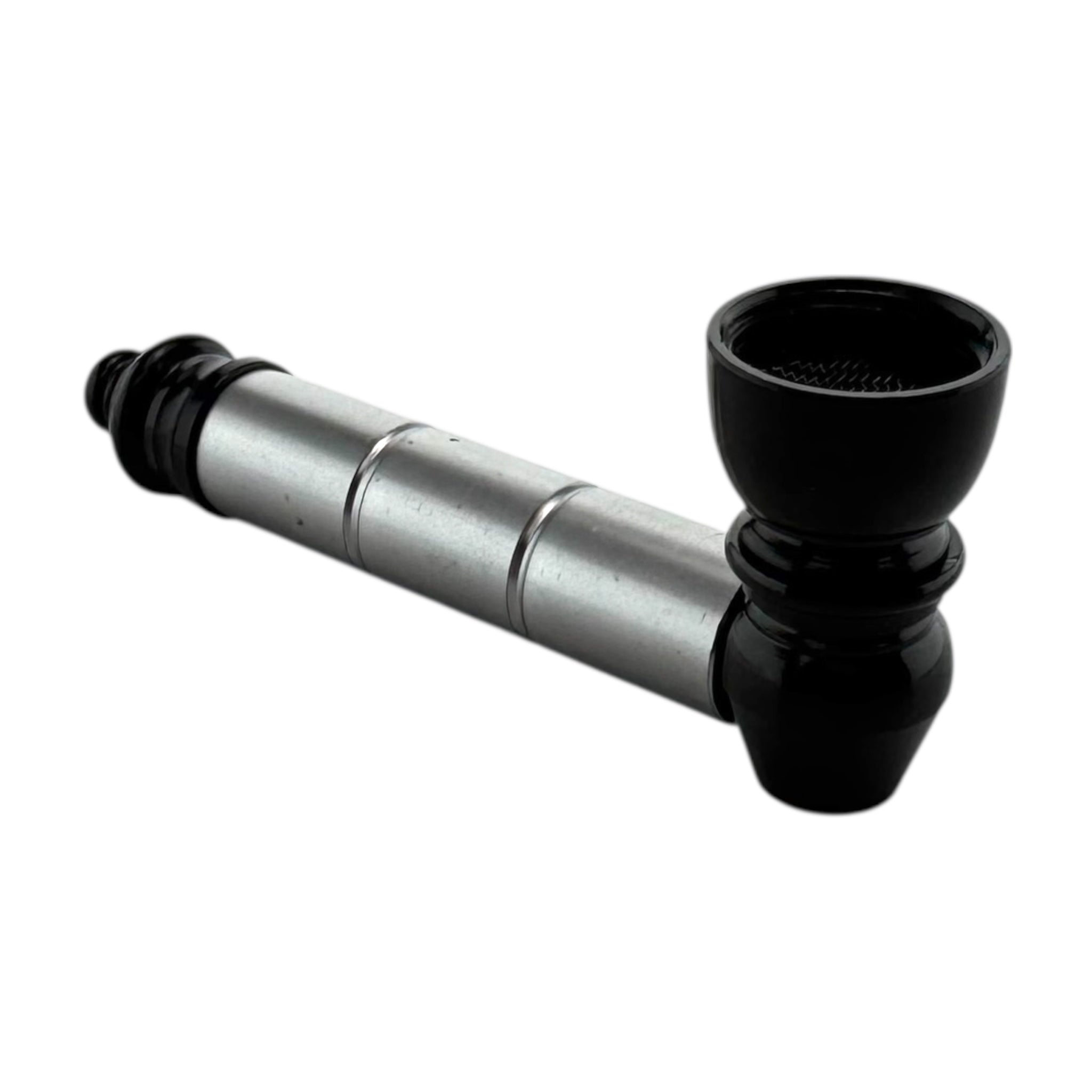 Black and silver aluminum metal smoking pipe on a white background