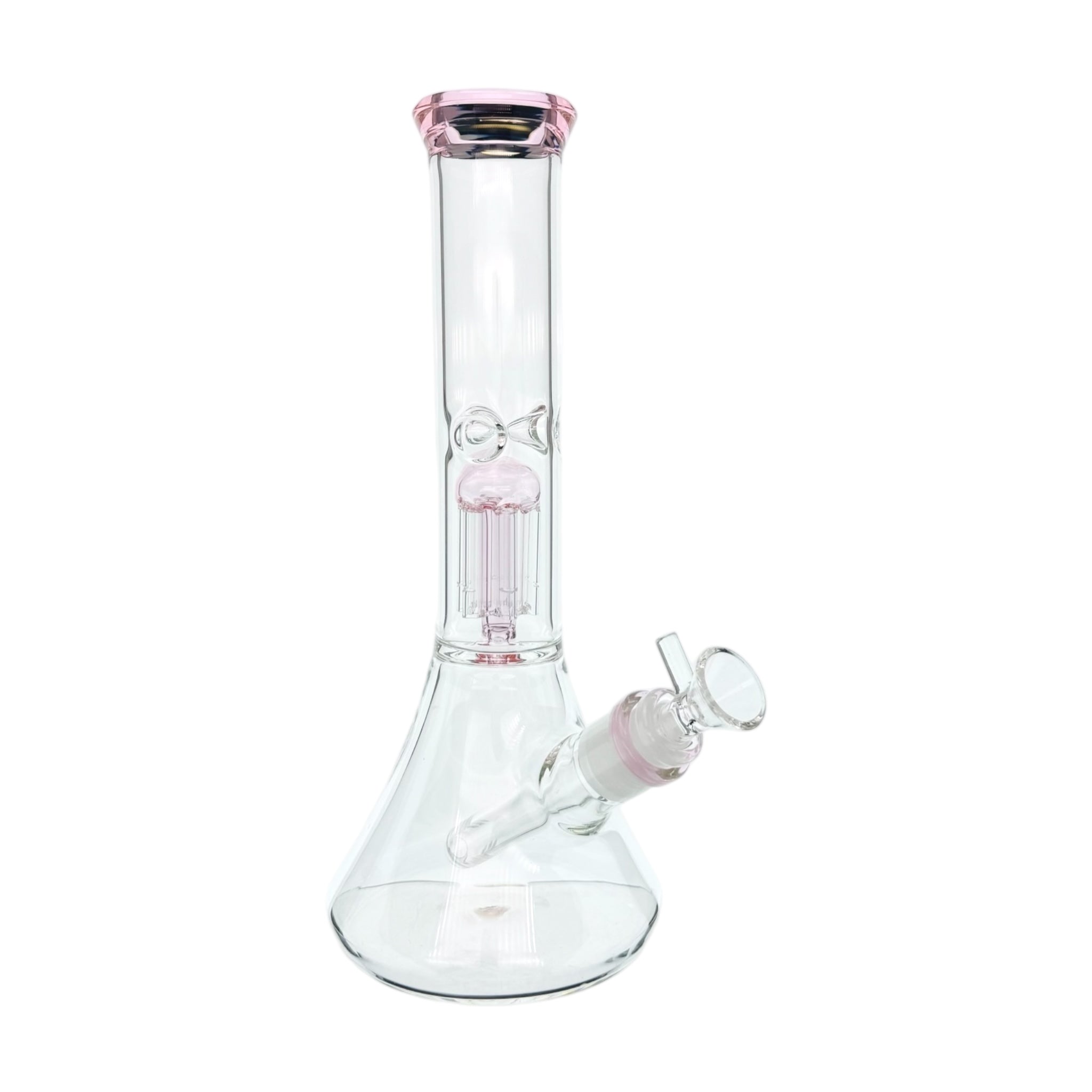 Clear glass water pipe with pink accents on a white background
