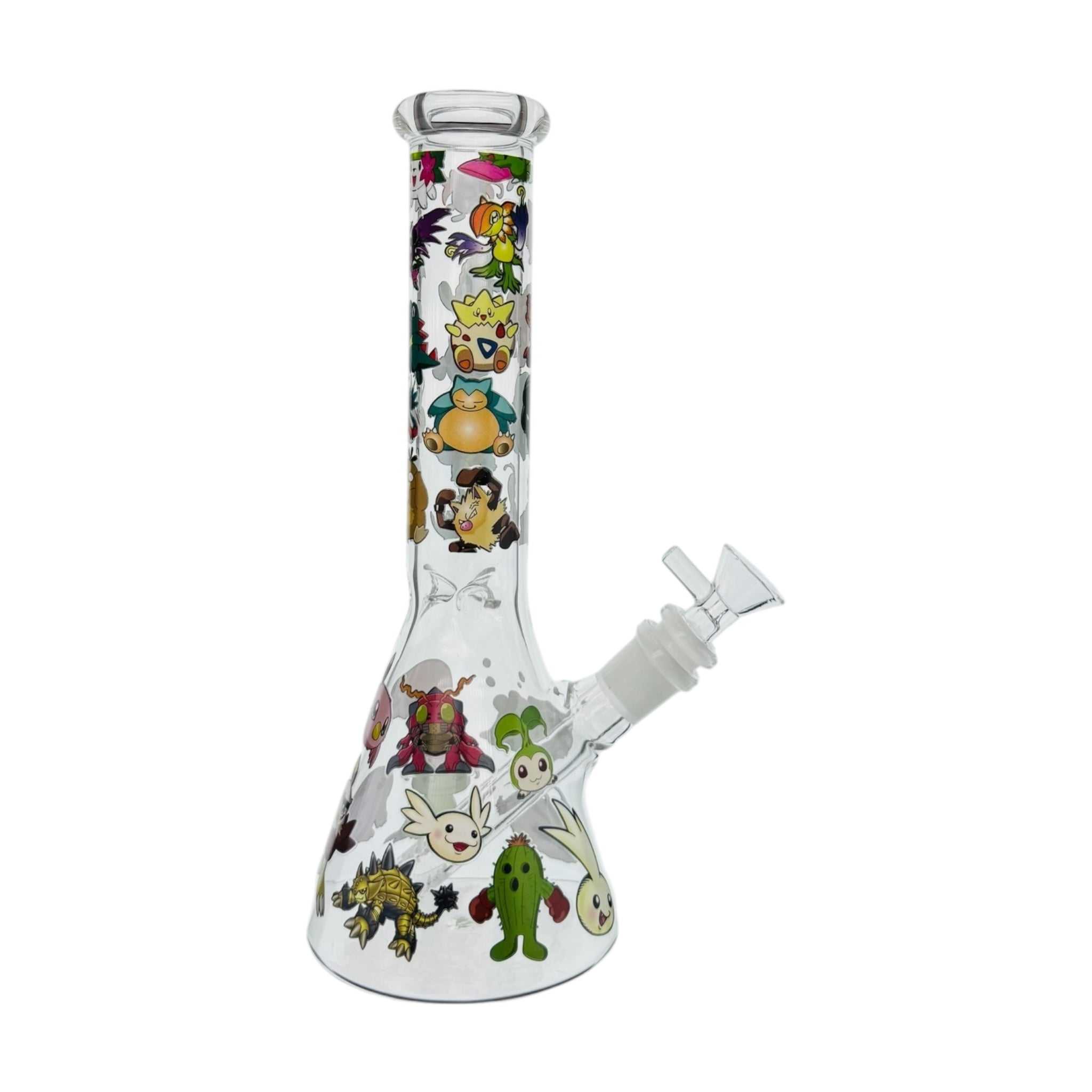 Glass bong with cartoon character design on a white background