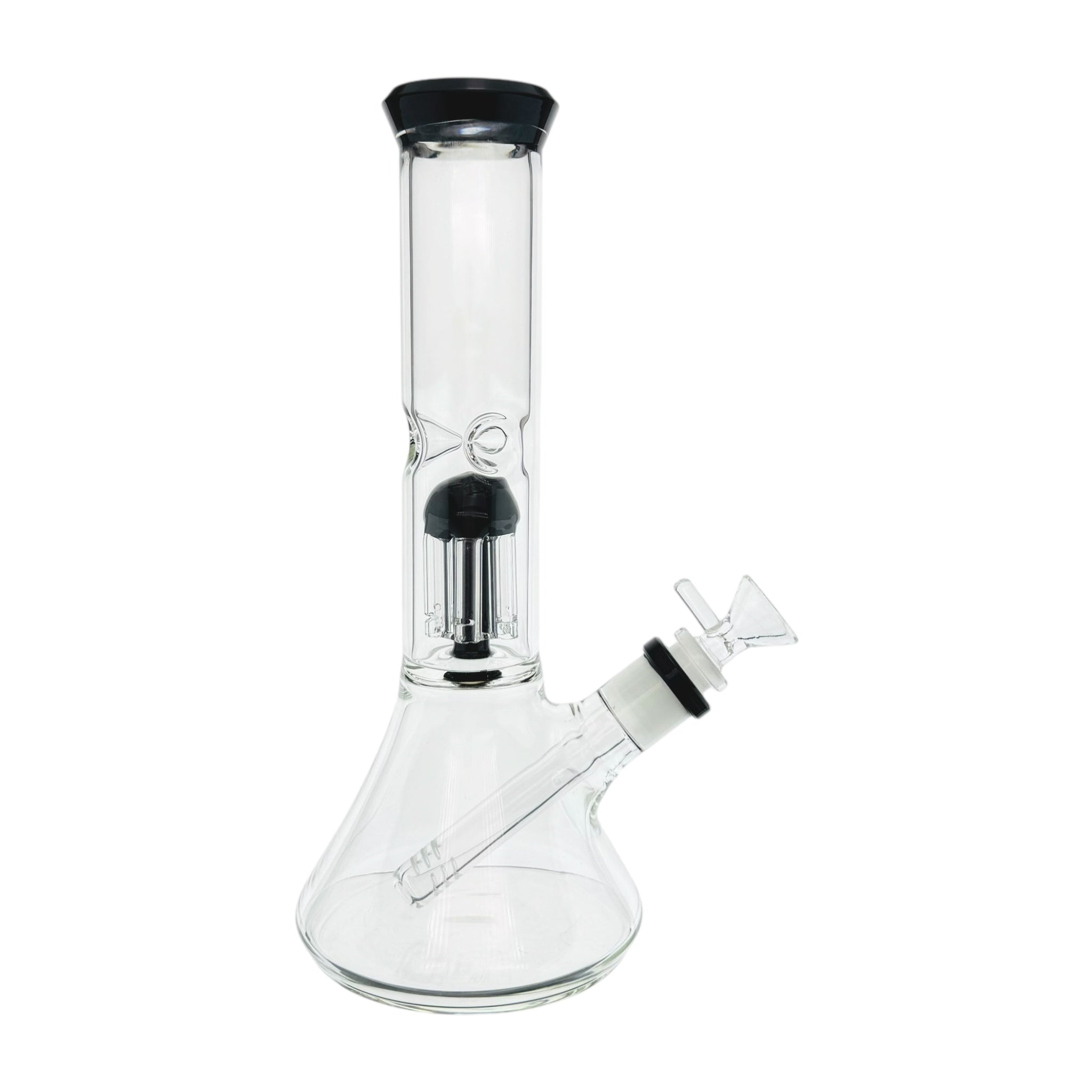 Clear glass water pipe with black tree perc on a white background