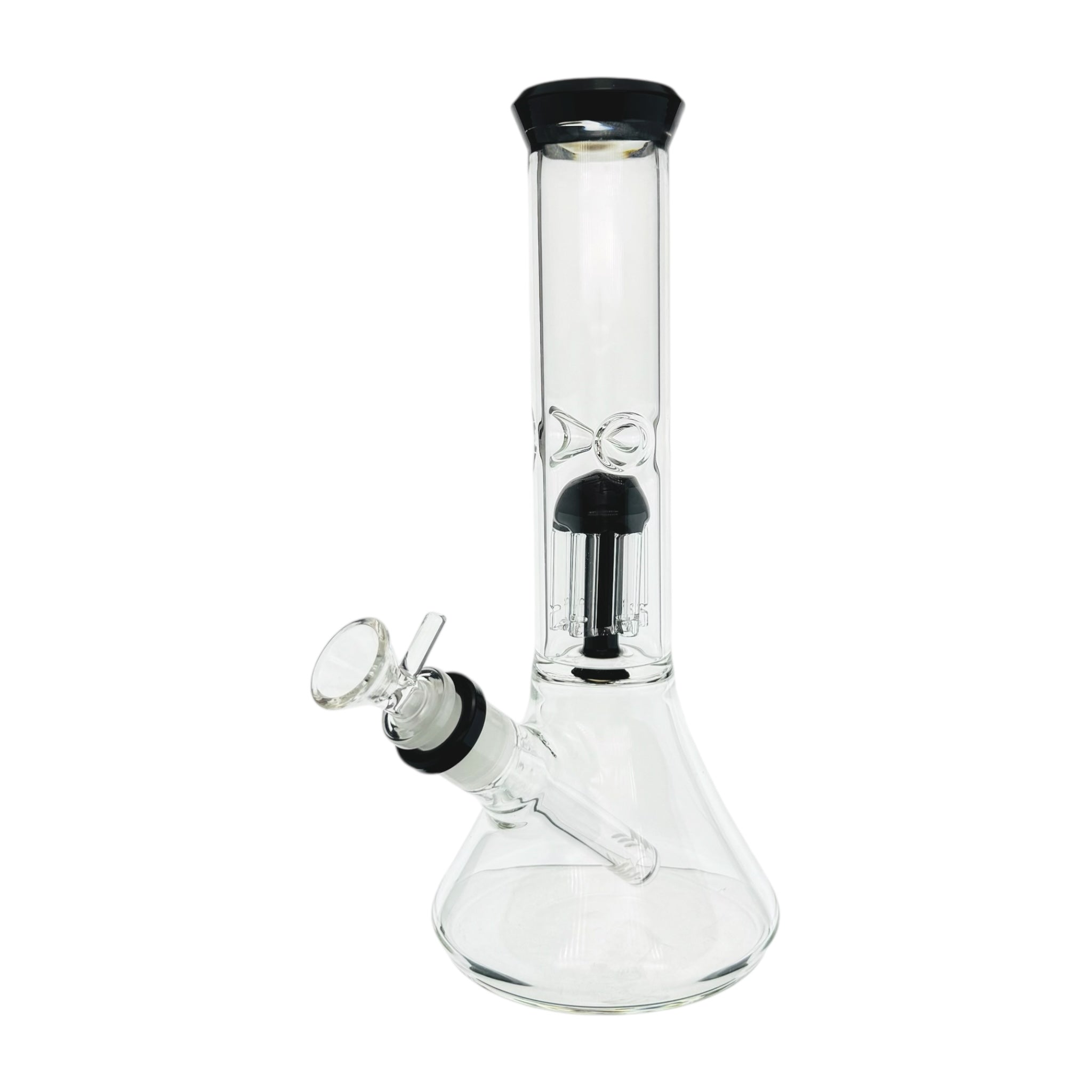 Clear glass bong with black accents on a white background