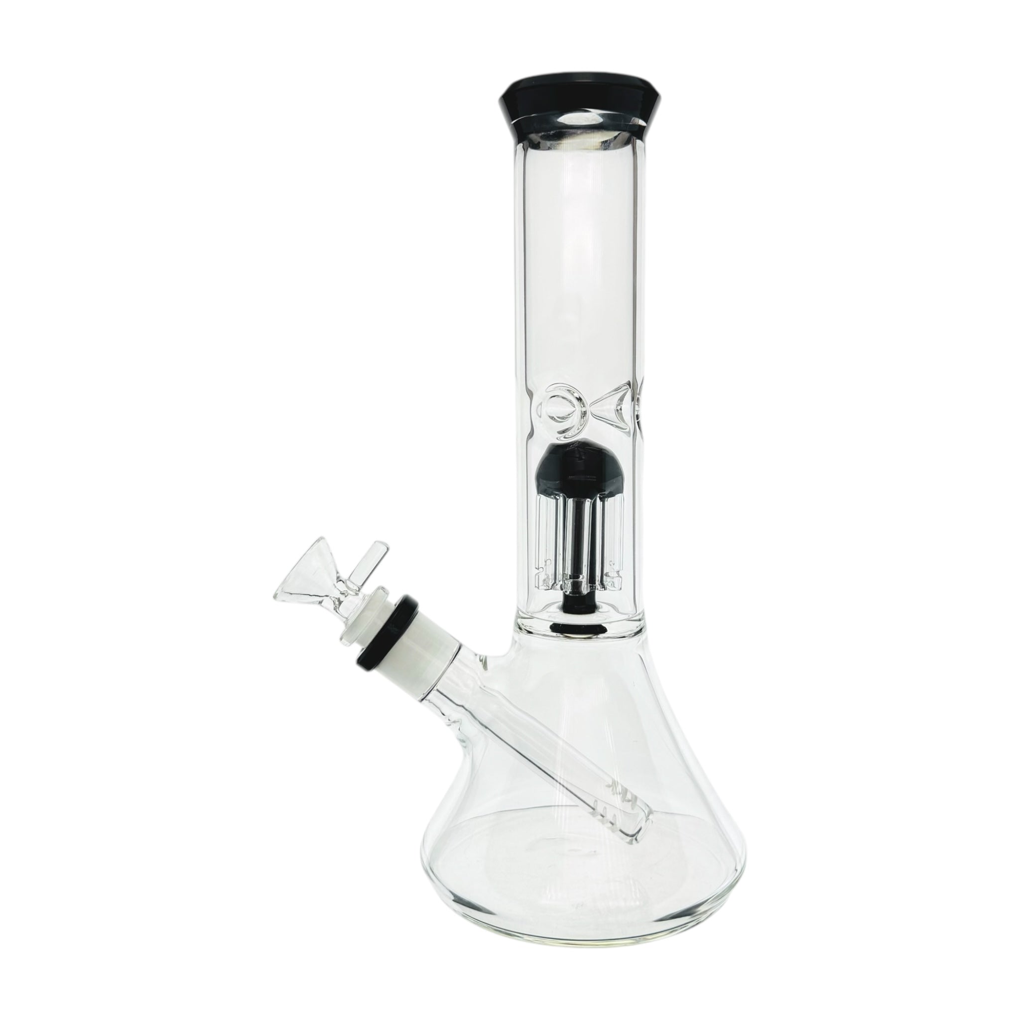 Clear Beaker Bong With Black Tree Perc And Mouthpiece on a white background