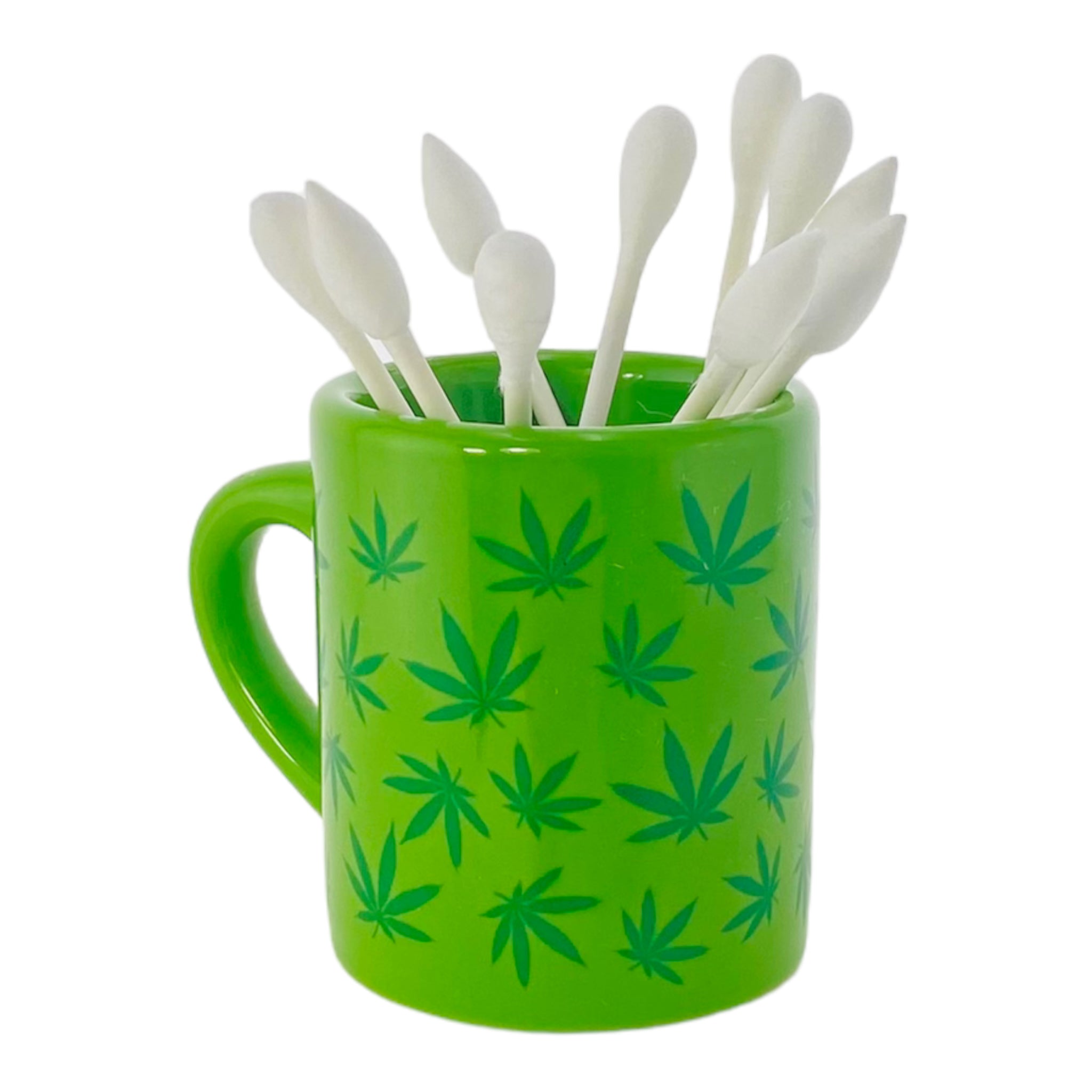 Mini Green Coffee Cup Q-Tip Holder With Weed Leaves
