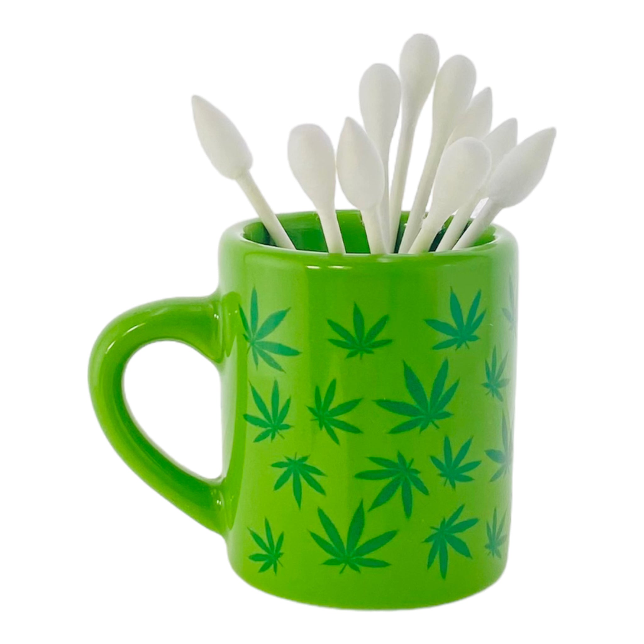 Mini Green Coffee Cup Q-Tip Holder With Weed Leaves