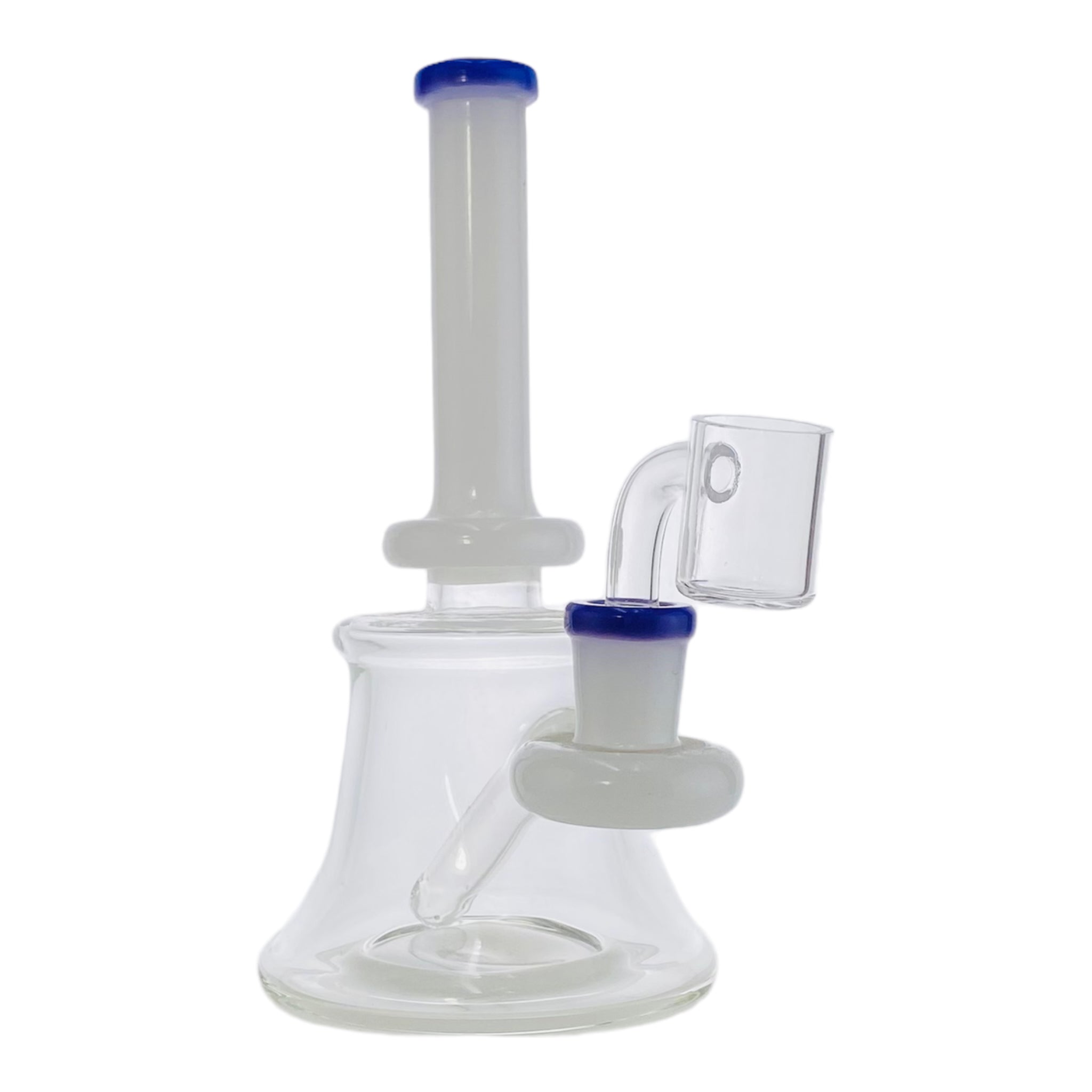 This mini tube dab rig features a white neck and fitting with a stunning purple trim. It stands 7" tall and includes a 14mm banger hanger fitting and 14mm quartz banger, making it ideal for both wax and oil concentrates