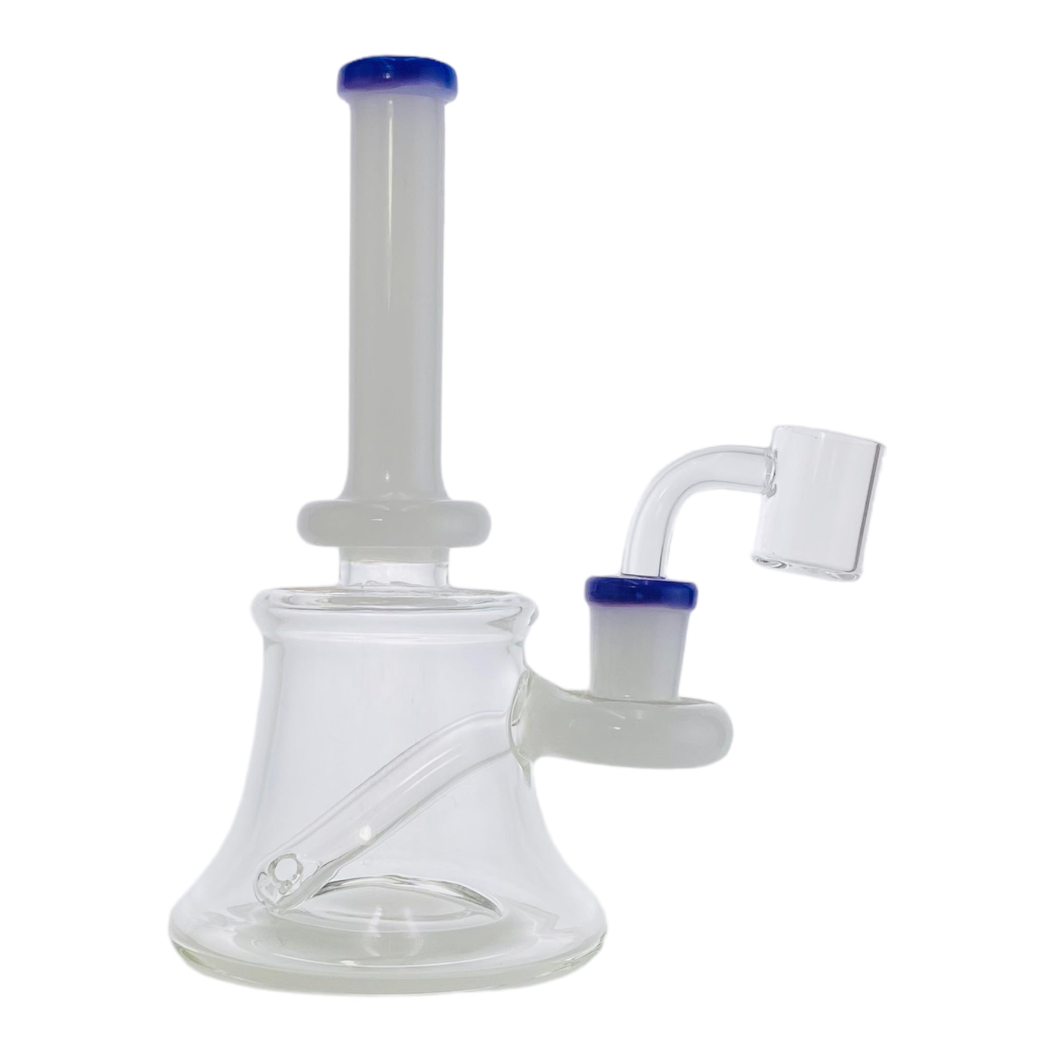 This mini tube dab rig features a white neck and fitting with a stunning purple trim. It stands 7" tall and includes a 14mm banger hanger fitting and 14mm quartz banger, making it ideal for both wax and oil concentrates