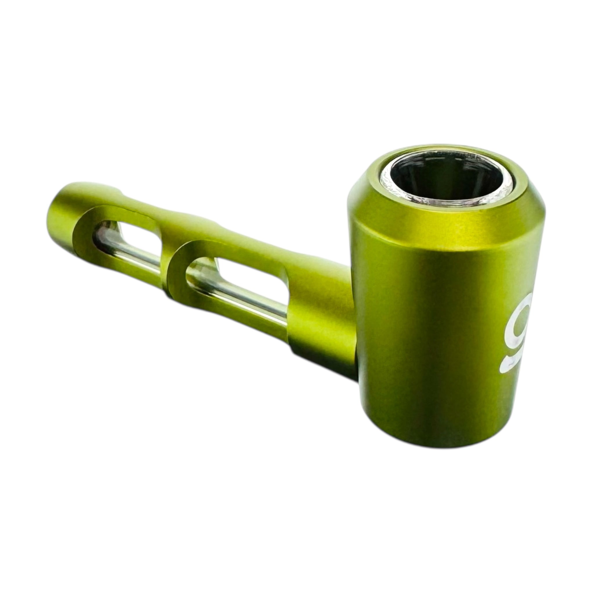Green metal pipe with a white background