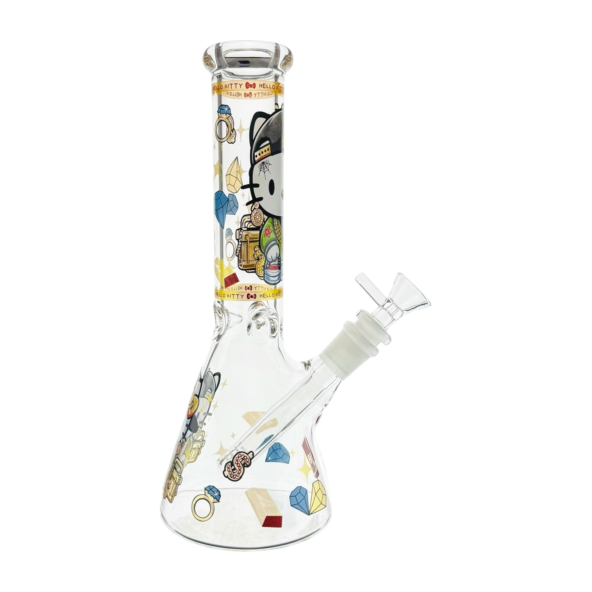 Glass bong with colorful hello kitty cartoon character design on a white background