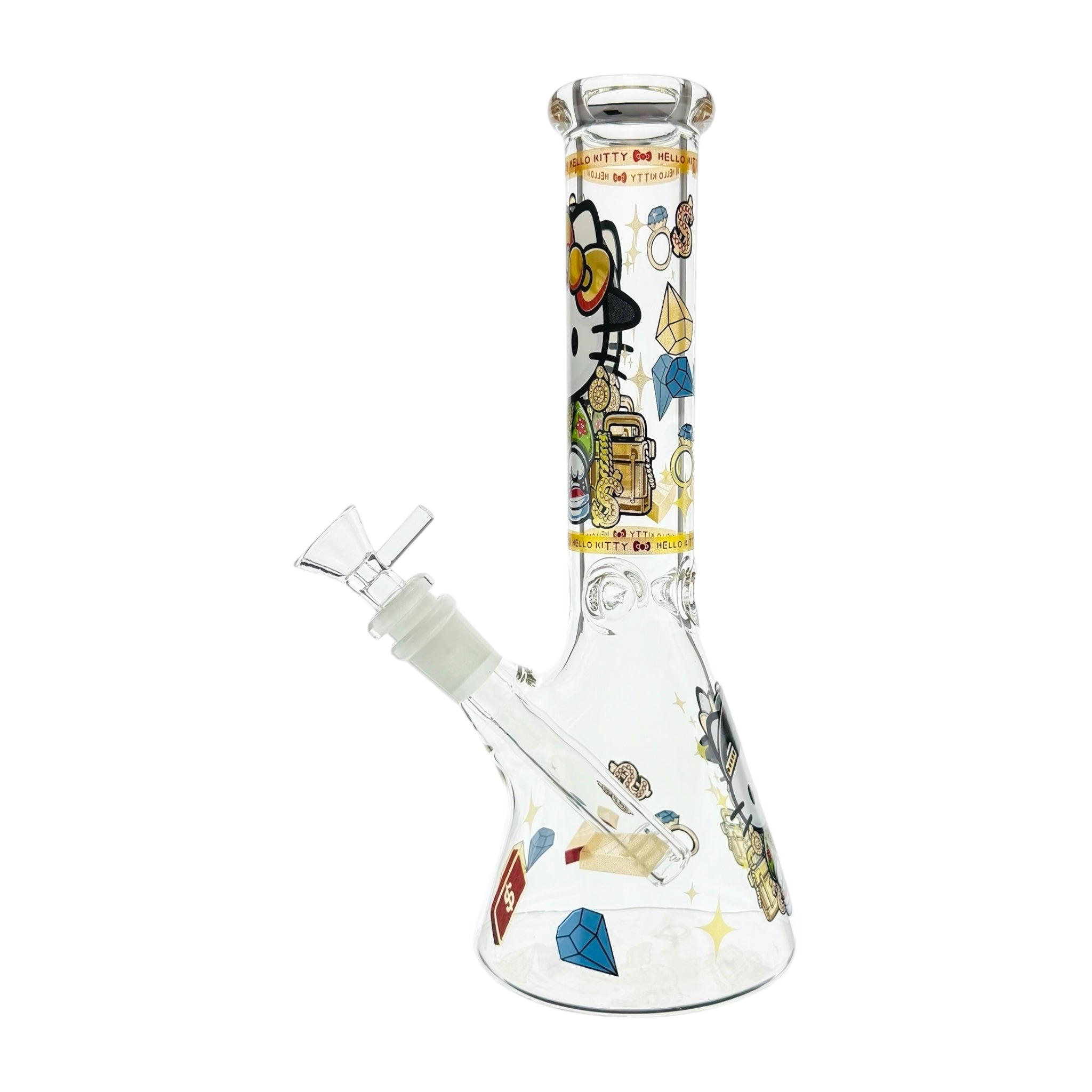 clear Glass bong with colorful designs on a white background hello kitty design