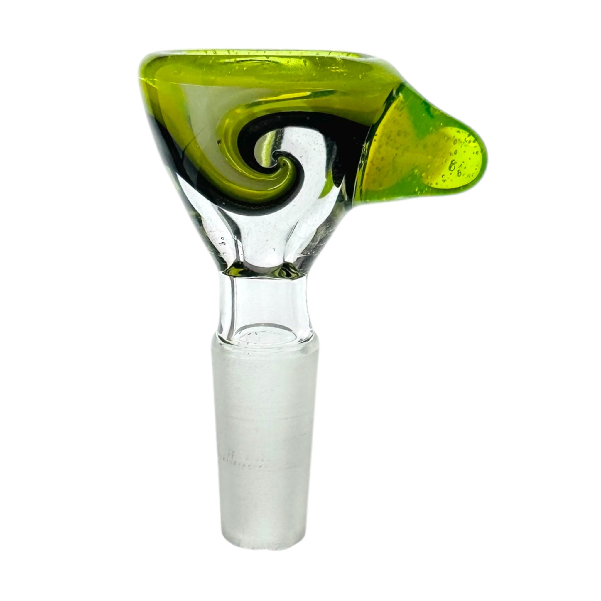 N3RD Glass 10mm Flower Bowl for water pipe White Black Green Twirl on a white background