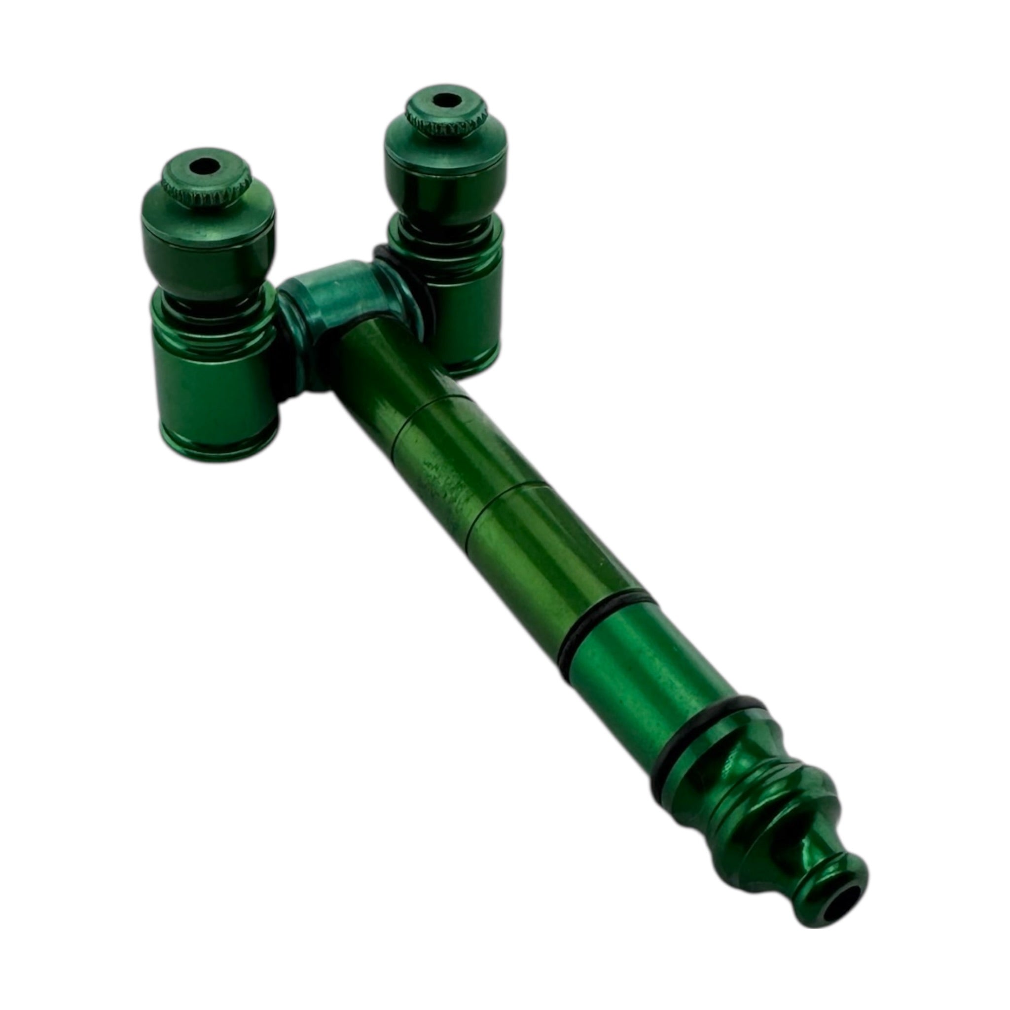 Green Metal Hand Pipe With Two Bowls With Caps on a white background