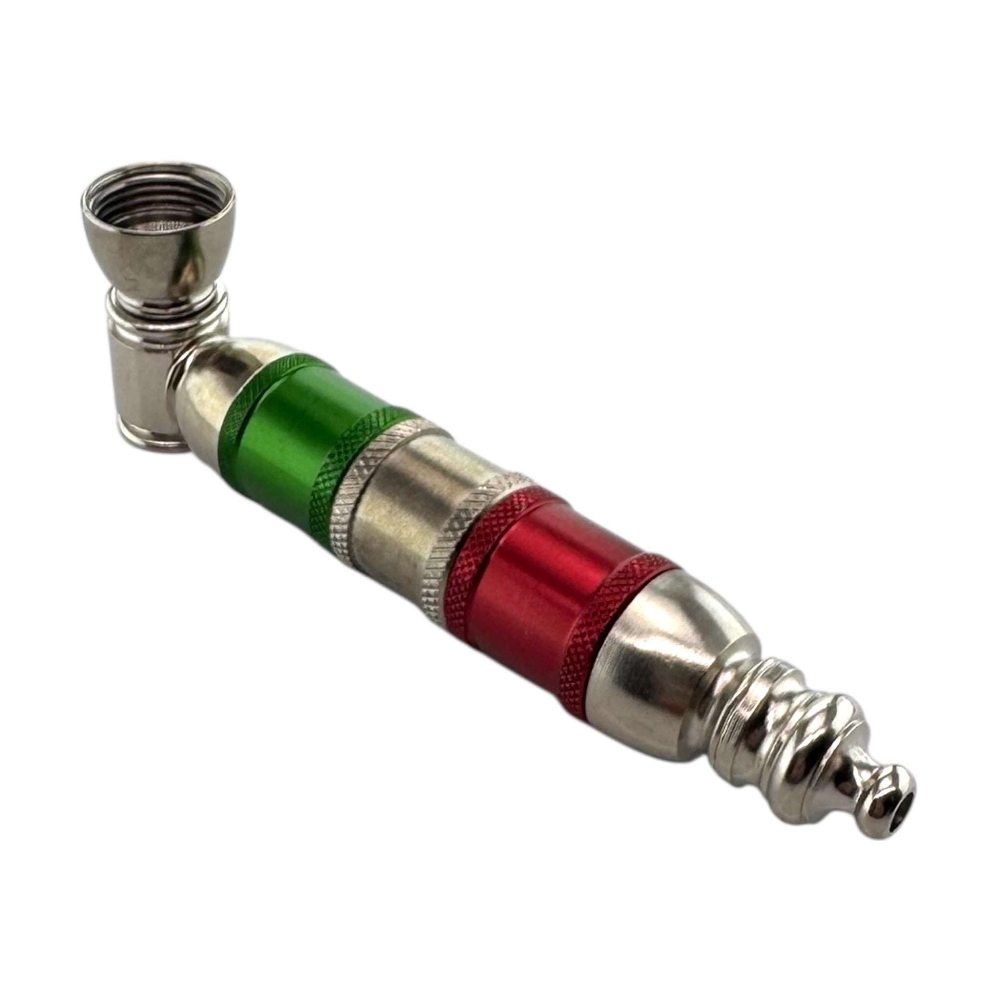 Silver Red And Green Extra Large Extended Chamber Metal Smoking Pipe on a white background