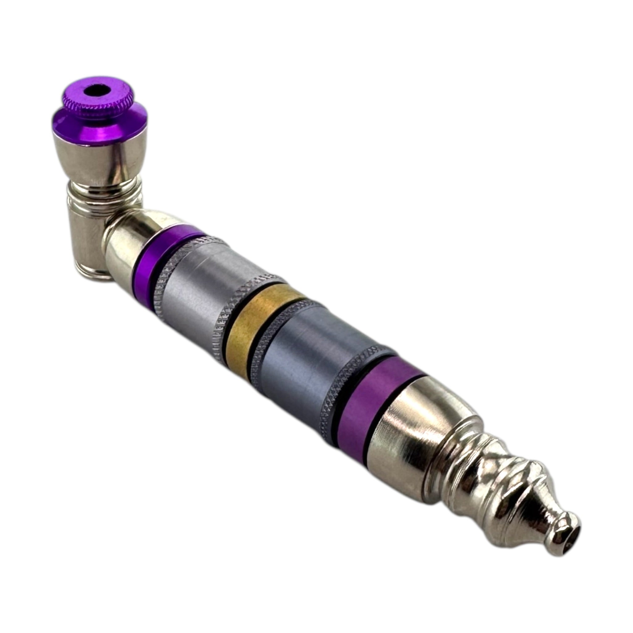 Silver Purple And Gold Extra Large Extended Chamber Metal Smoking Pipe With Cap Lid on a white background