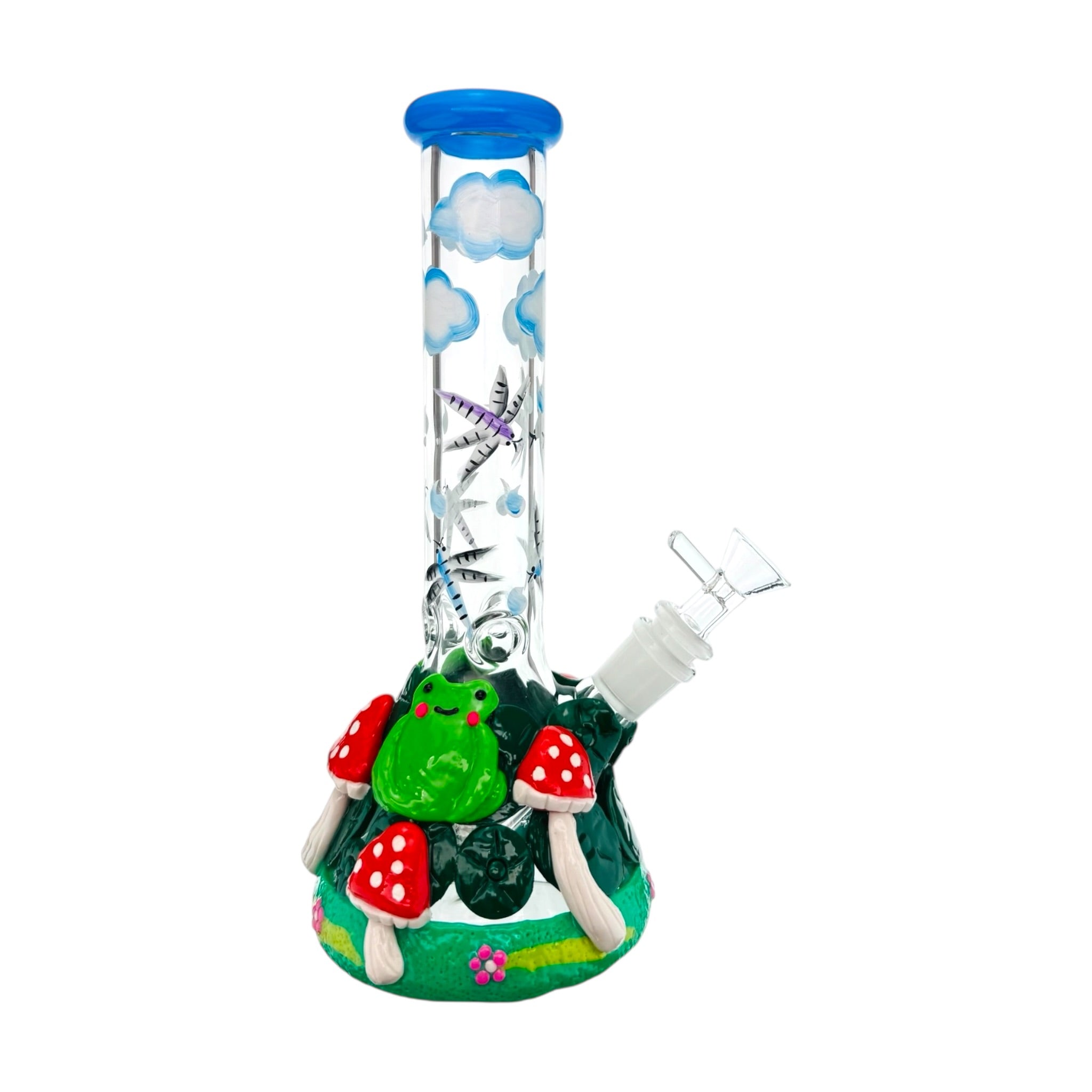 Colorful mushroom-themed glass water pipe on a white background