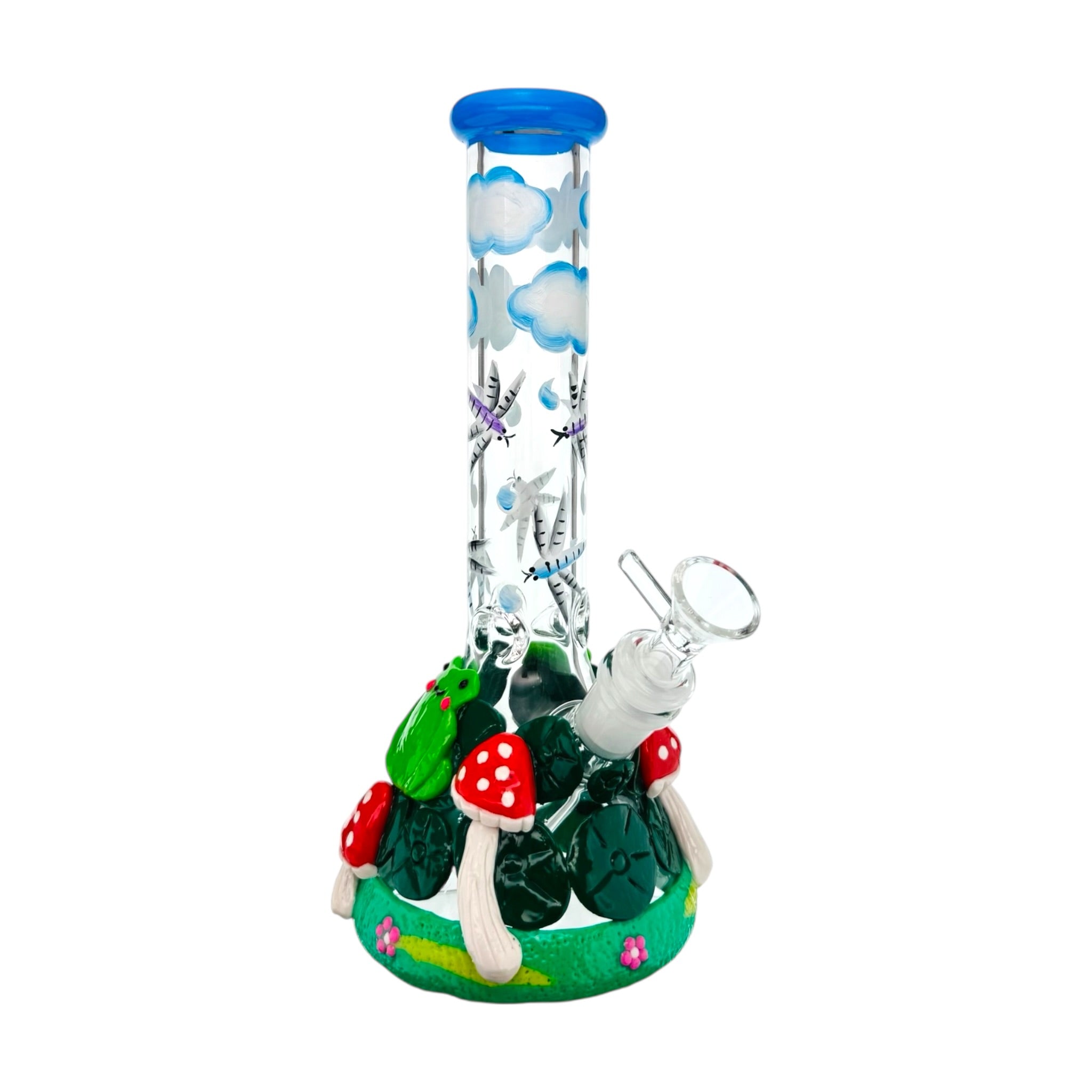 Decorative garden water pipe with mushrooms and flowers on a white background