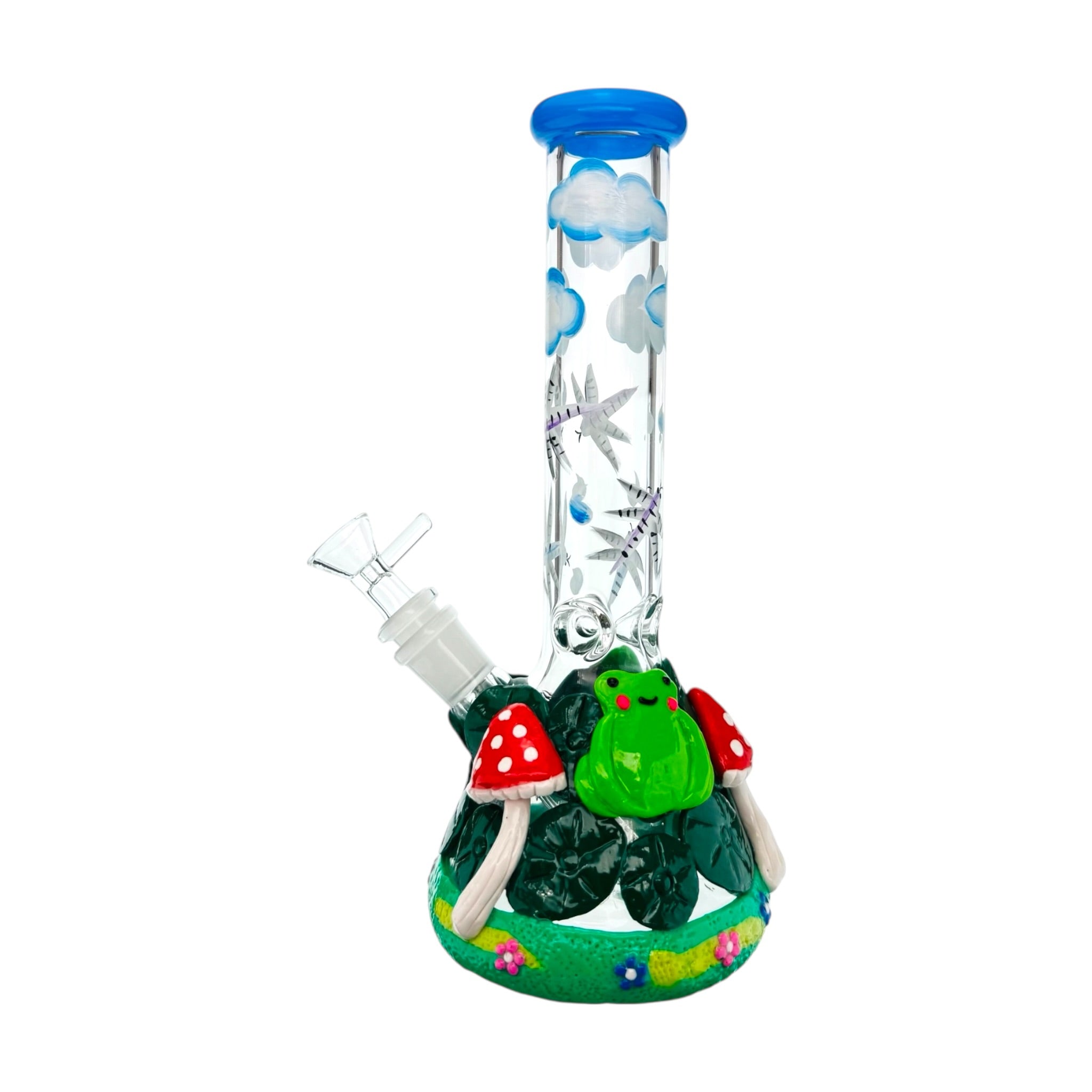 Glass smoking device with mushroom and cloud decorations on a white background