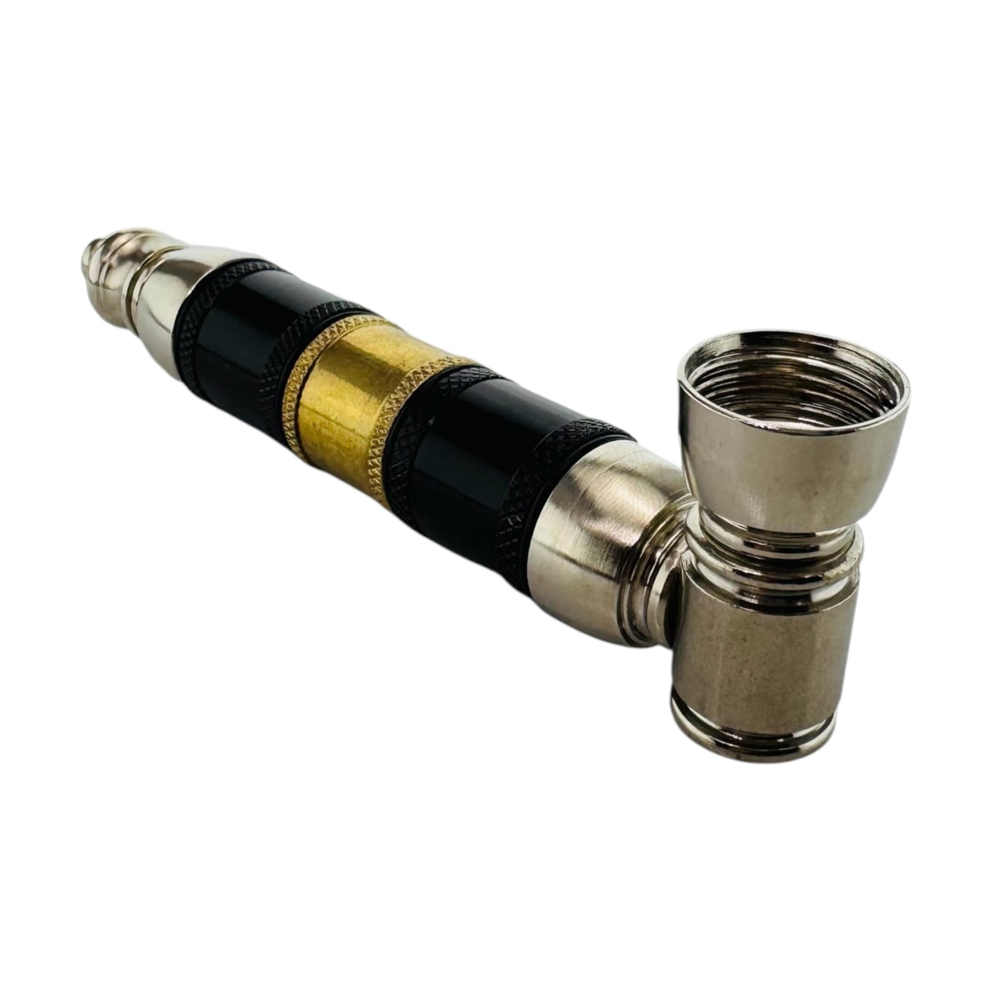 Silver Black And Gold Extra Large Extended Chamber Hand Pipe on a white background