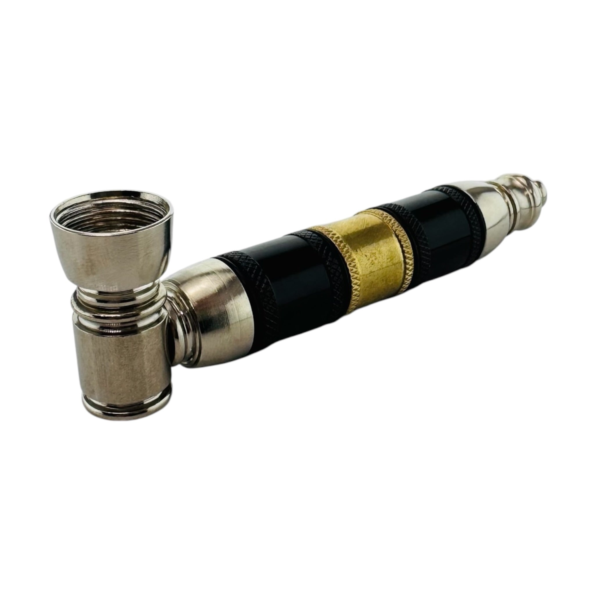 Silver Black And Gold Extra Large Extended Chamber Hand Pipe on a white background