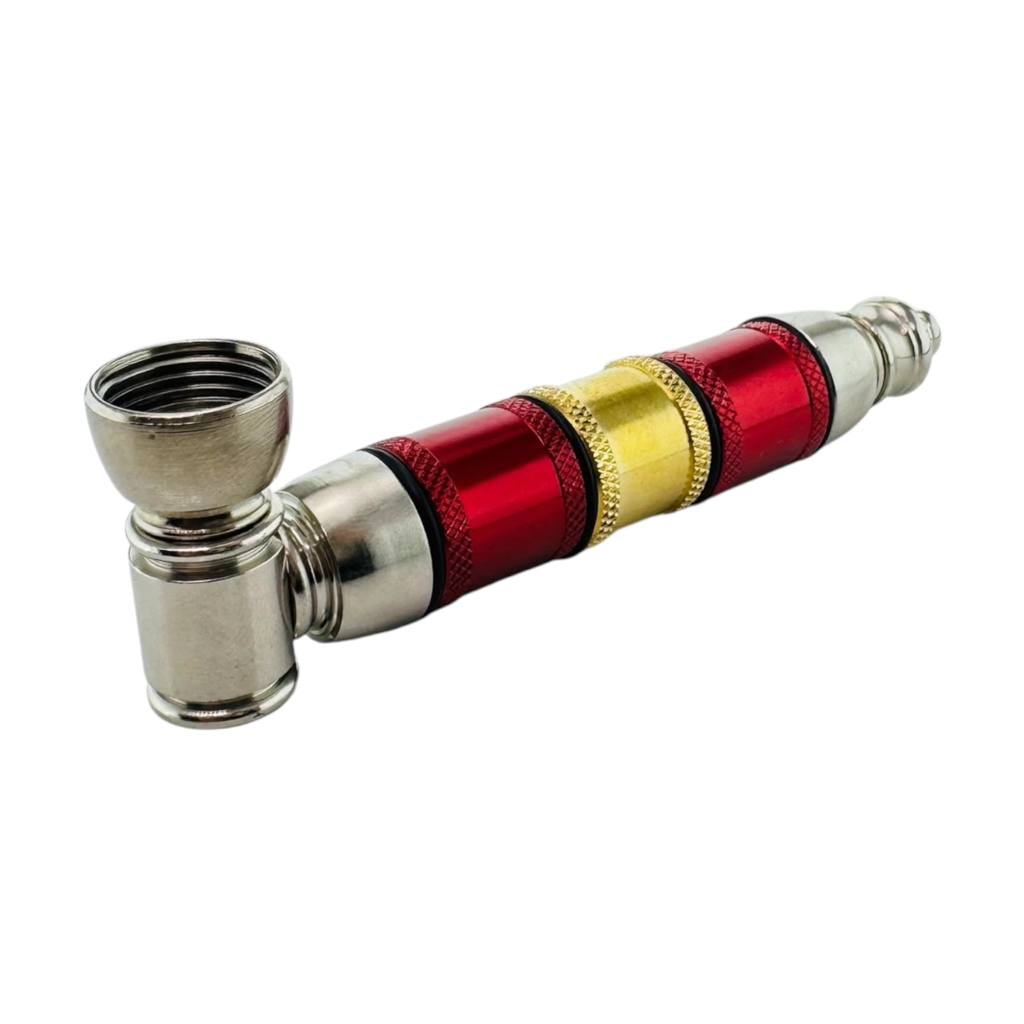 Silver Red And Gold Extra Large Extended Chamber Hand Pipe on a white background