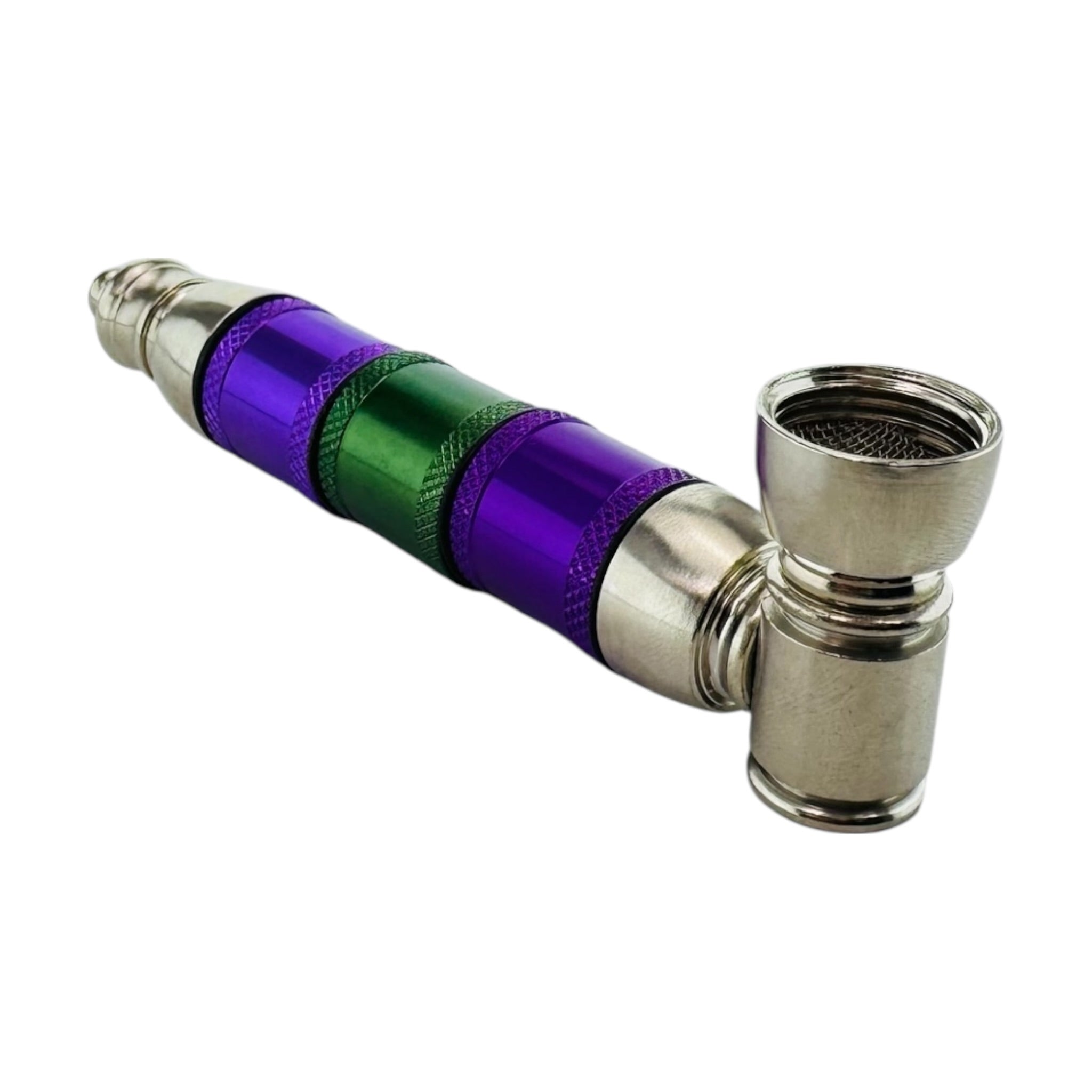 Silver Purple And Green Extra Large Extended Chamber Hand Pipe on a white background