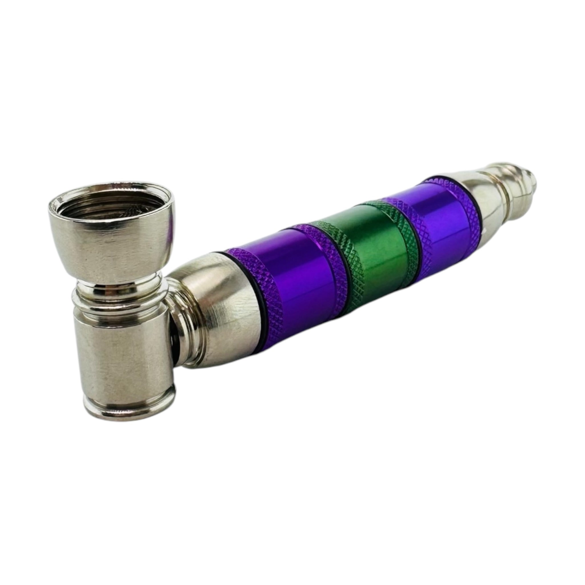 Silver Purple And Green Extra Large Extended Chamber Hand Pipe on a white background