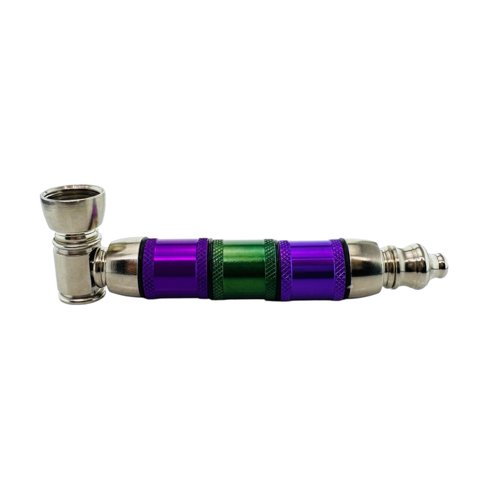 Silver Purple And Green Extra Large Extended Chamber Hand Pipe on a white background