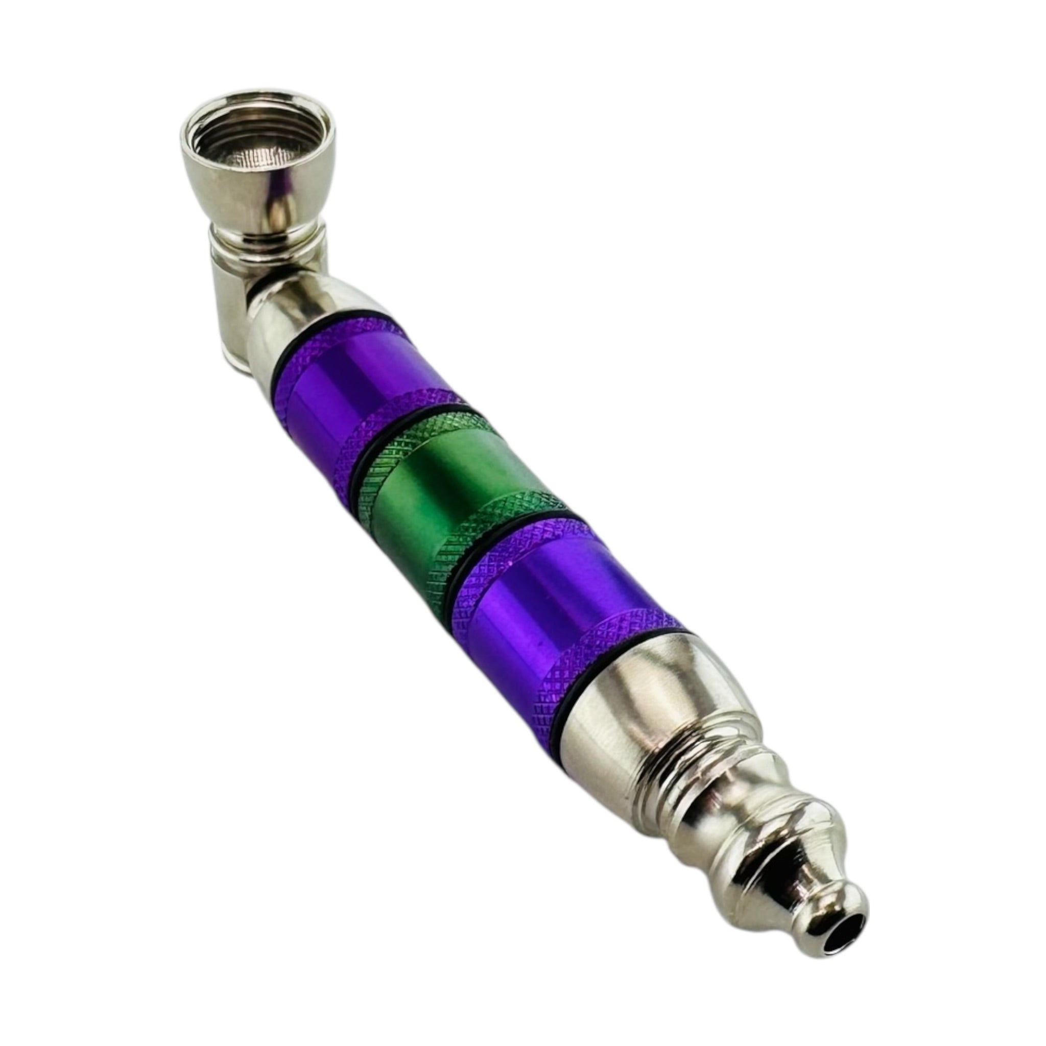 Silver Purple And Green Extra Large Extended Chamber Hand Pipe on a white background