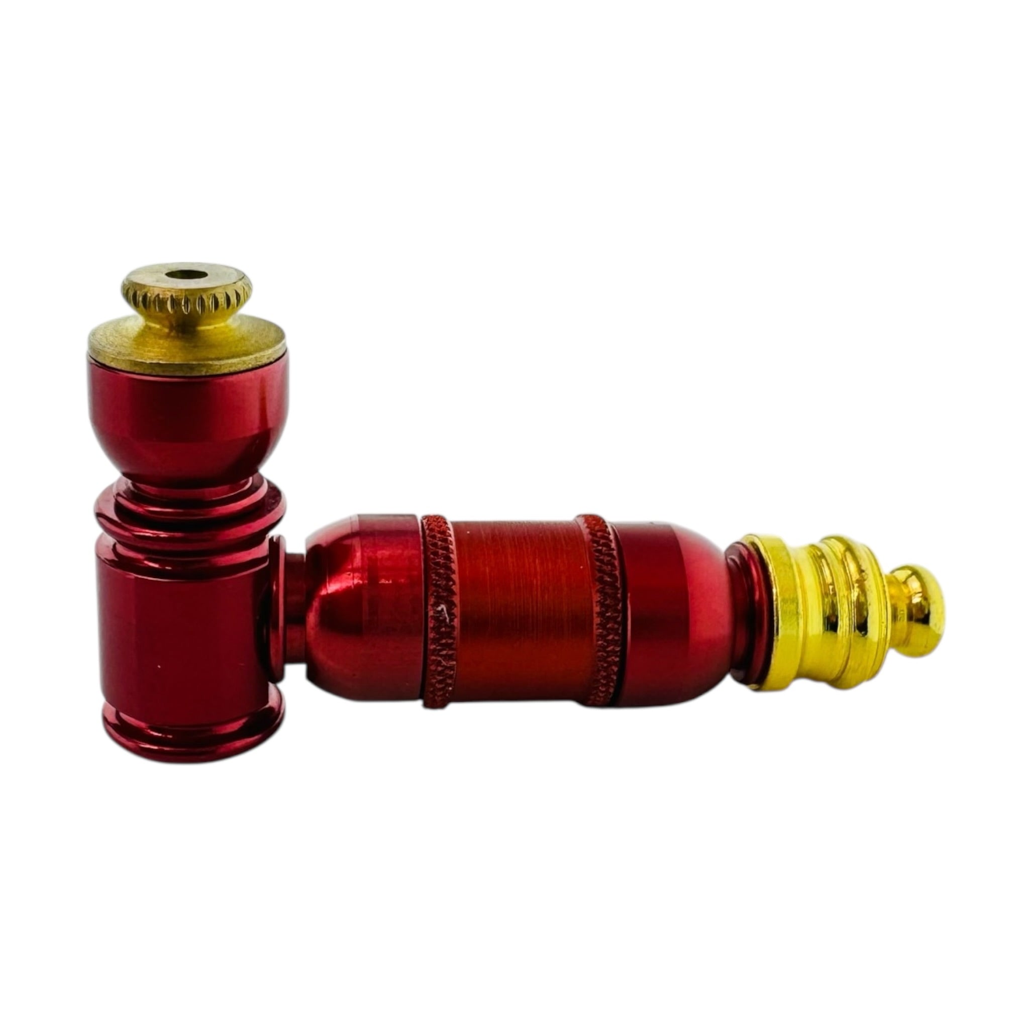 Small Red And Gold Extended Mini Chamber Hand Pipe With Cap on a white background